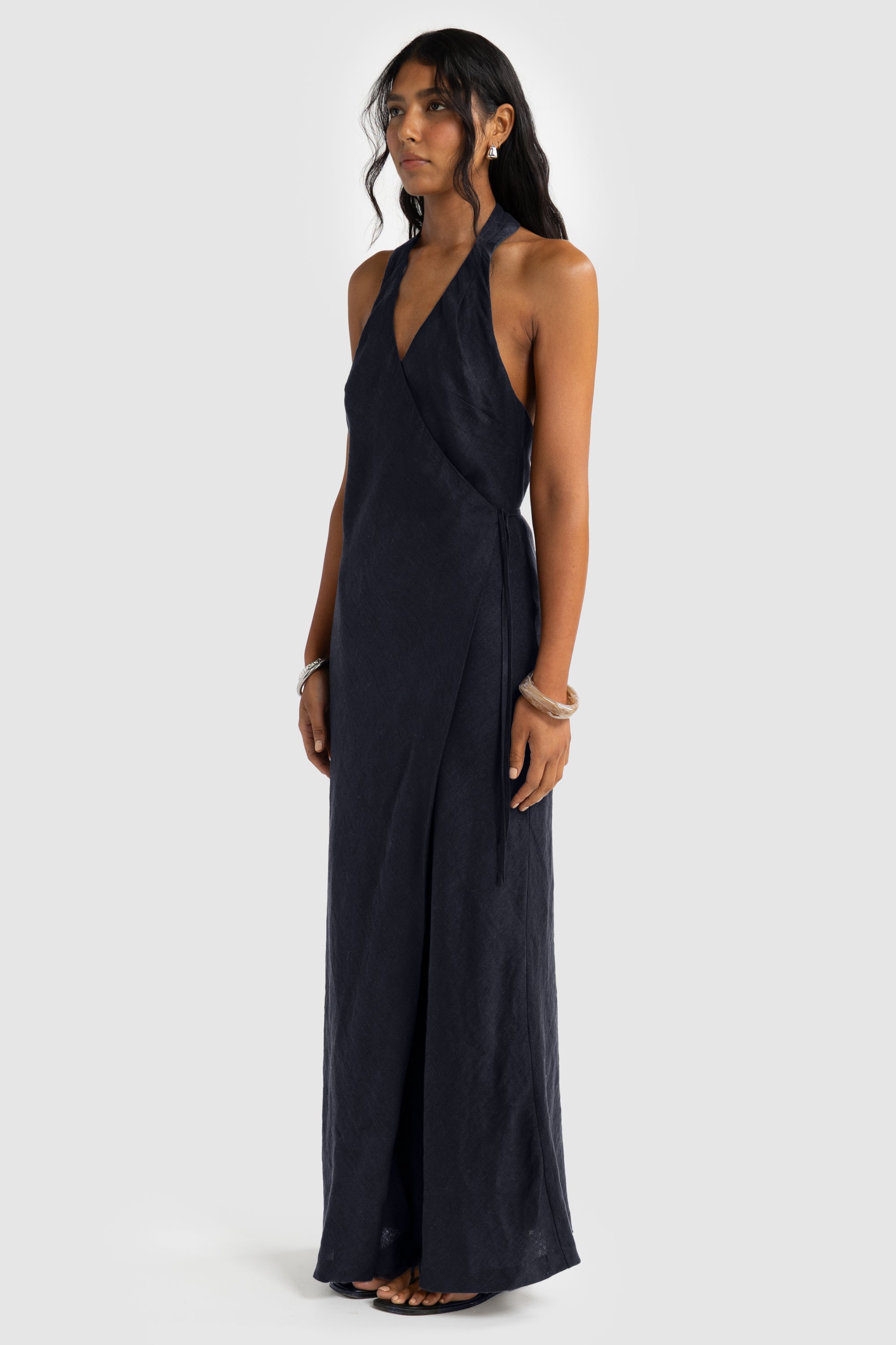 ORTC Elise Linen Wrap Full Length Dress - French Navy