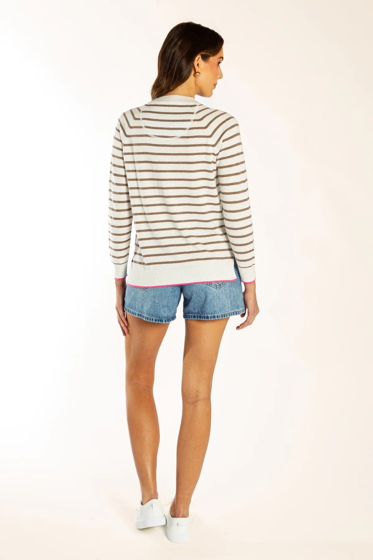 Bow & Arrow Cotton Cashmere Crew Neck - White/Brown Stripe Bow & Arrow