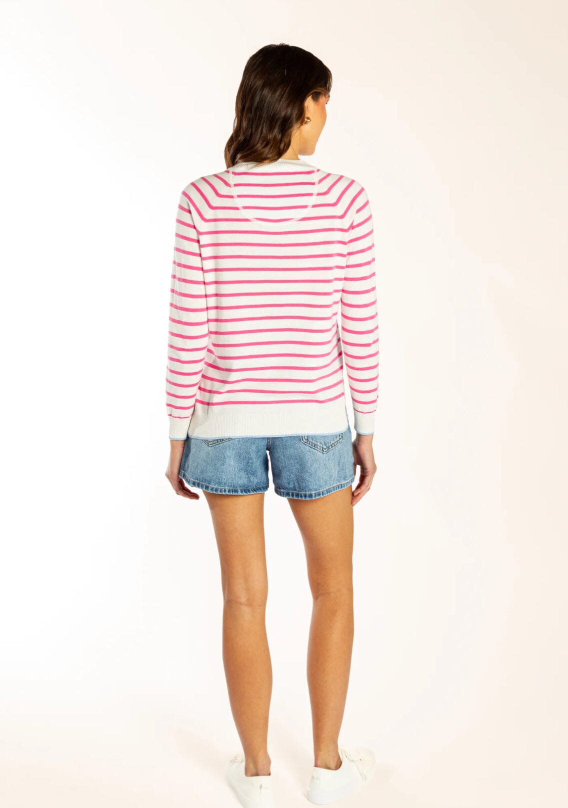 Bow & Arrow Cotton Cashmere Crew Neck - White/Pink Stripe Bow & Arrow