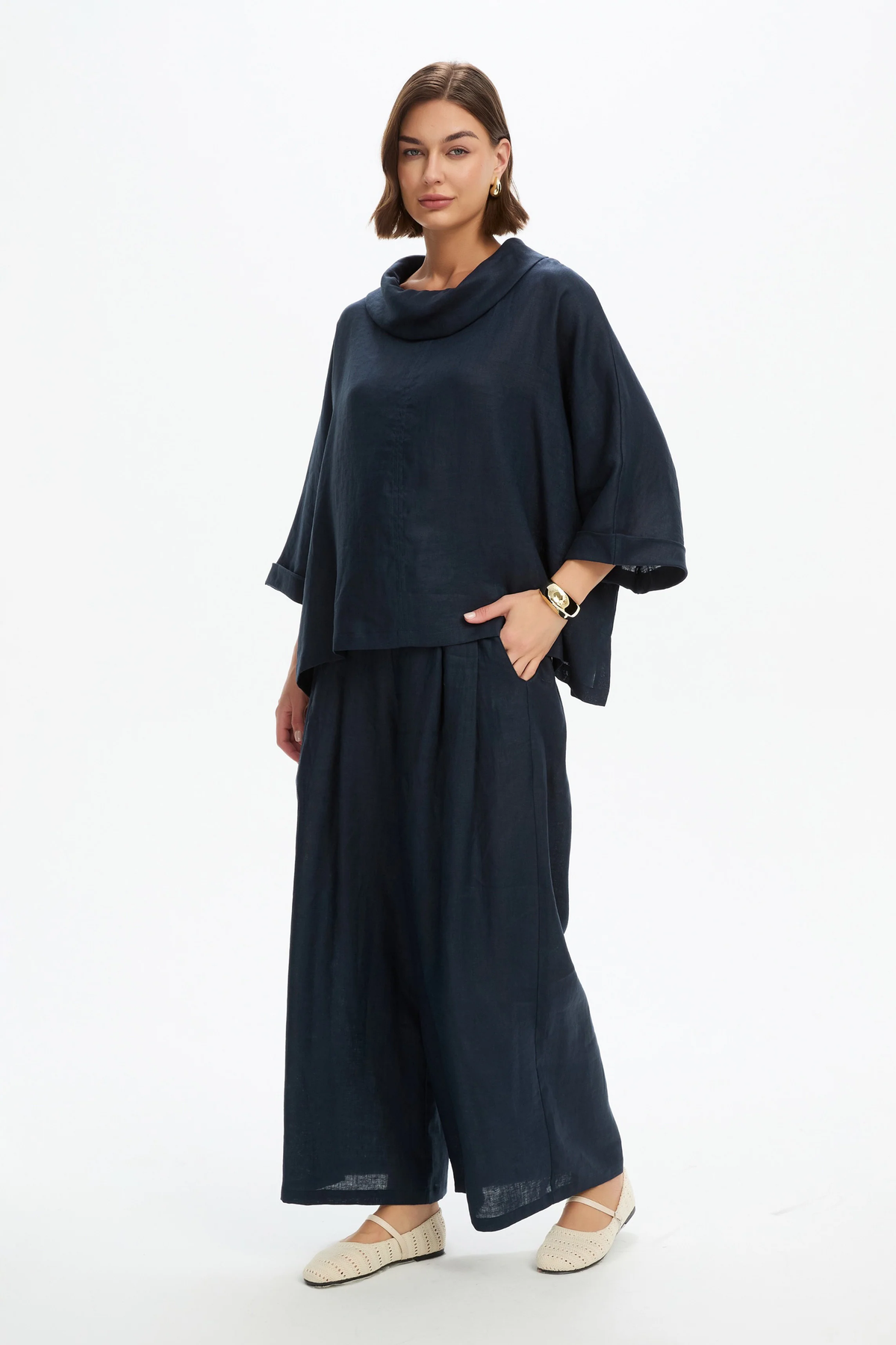 Tirelli Funnel Neck Boxy Top - Navy Tirelli