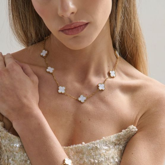 Charlotte 18K Gold Plated Clover Necklace in White Angels Whisper Accessories