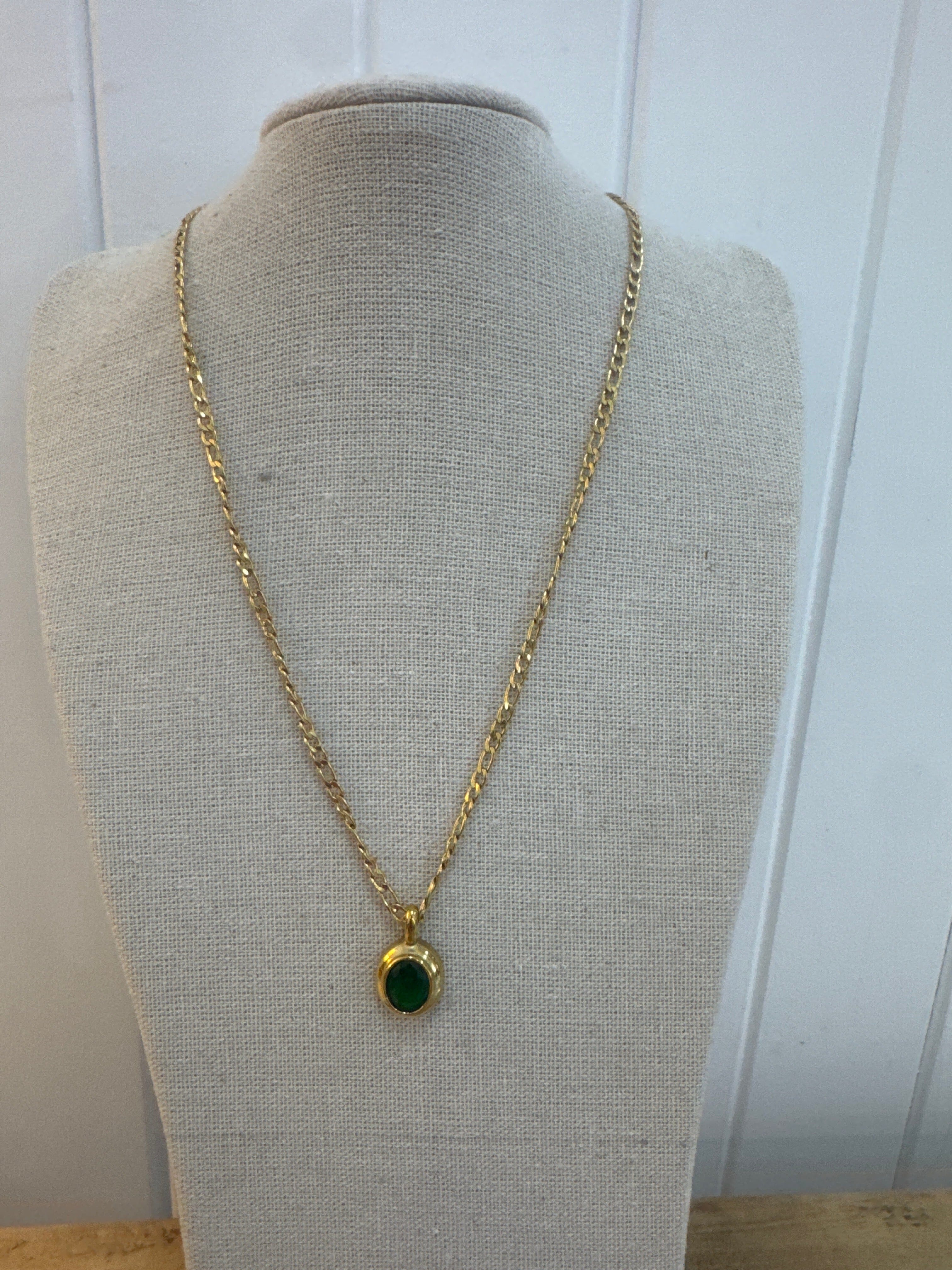 DPI Stainless Steel Gold Plated Necklace w/ oval emerald CZ pendant Necklace DPI Jewellery