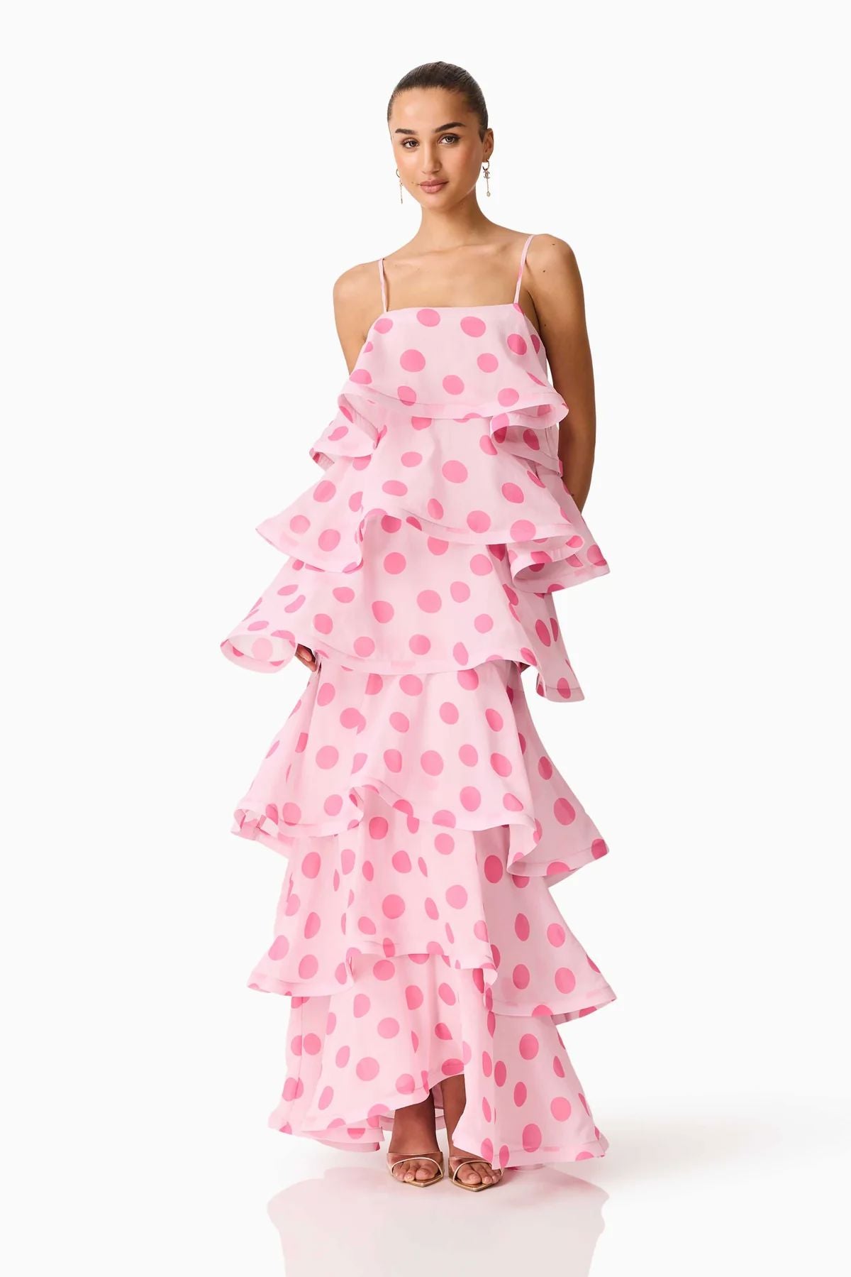 Elliatt Sola Tiered Maxi Dress - Pink Polkadot Maxi Dress Elliatt