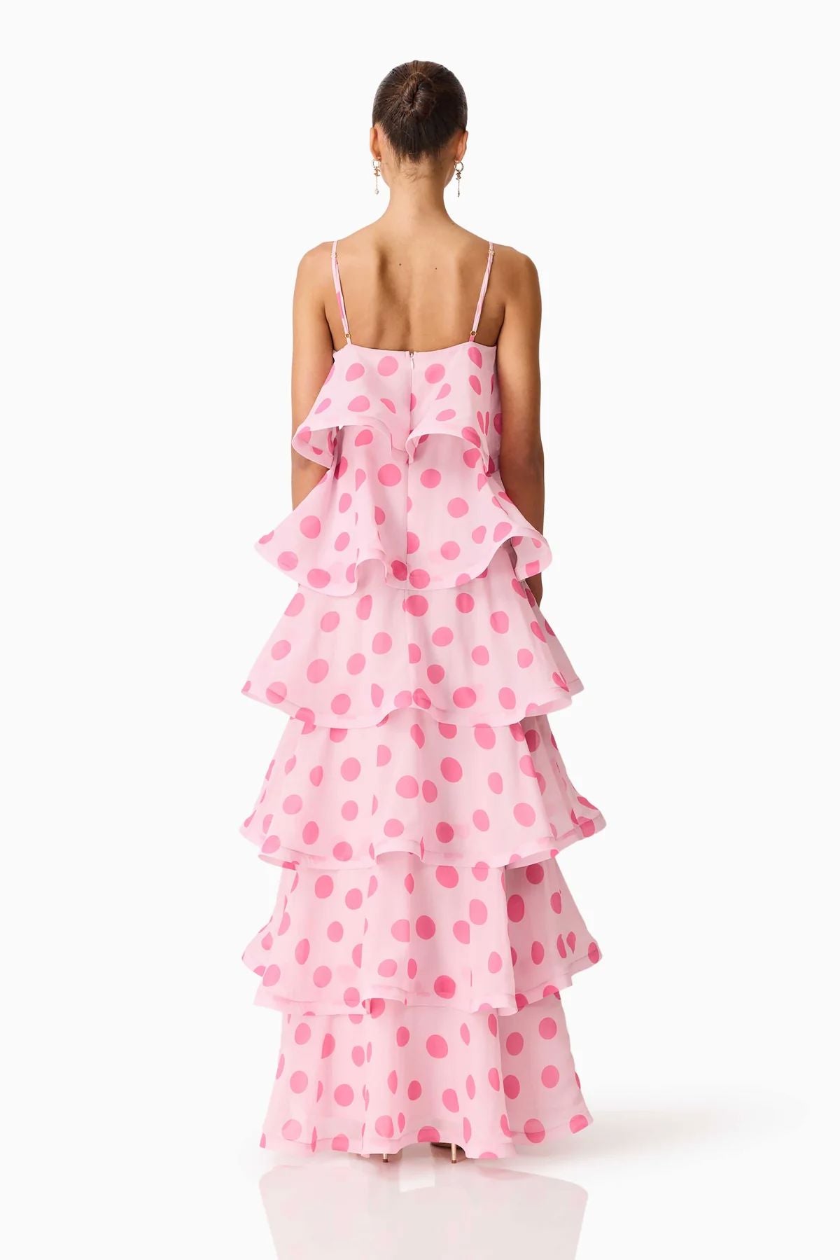 Elliatt Sola Tiered Maxi Dress - Pink Polkadot Maxi Dress Elliatt