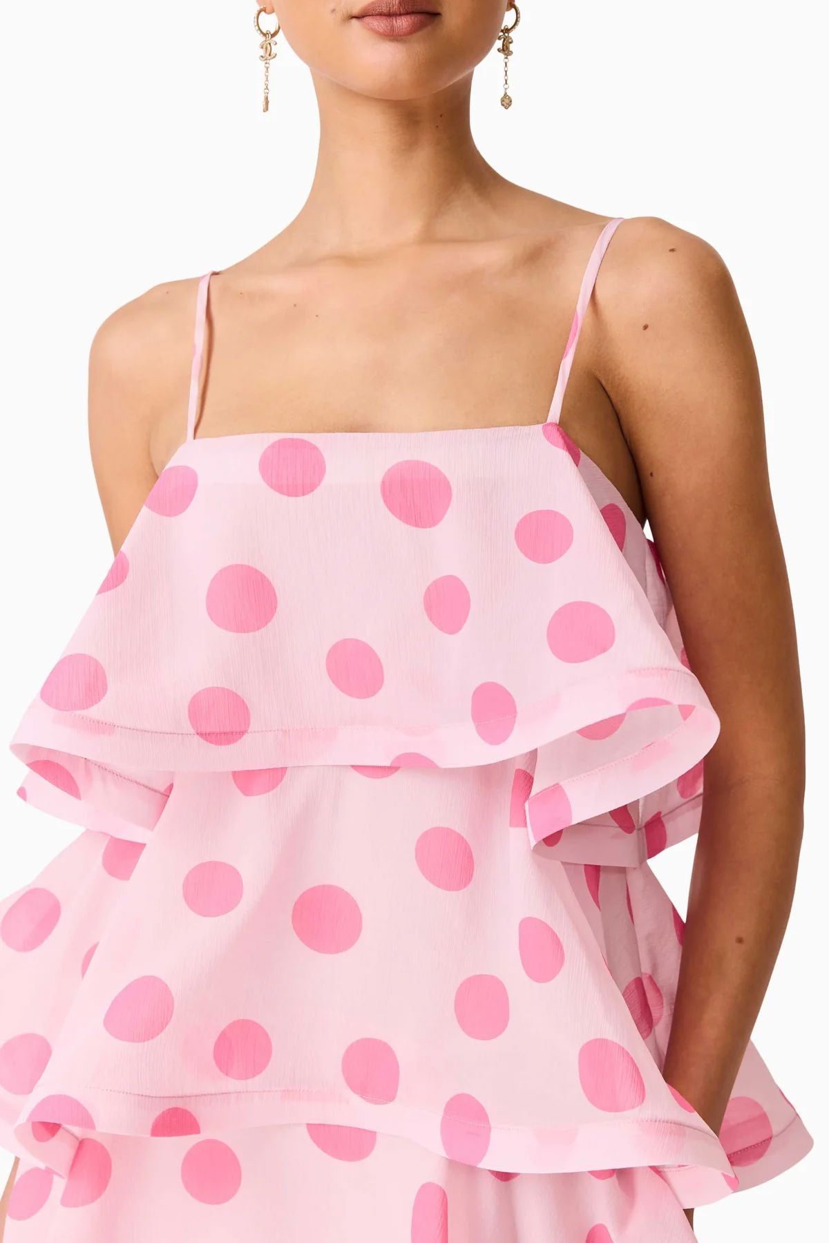 Elliatt Sola Tiered Maxi Dress - Pink Polkadot Maxi Dress Elliatt
