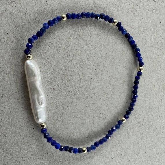Elongated Natural Pearl Stretch Bracelet - Lapis Blue / White BRA2072 Indulge Me