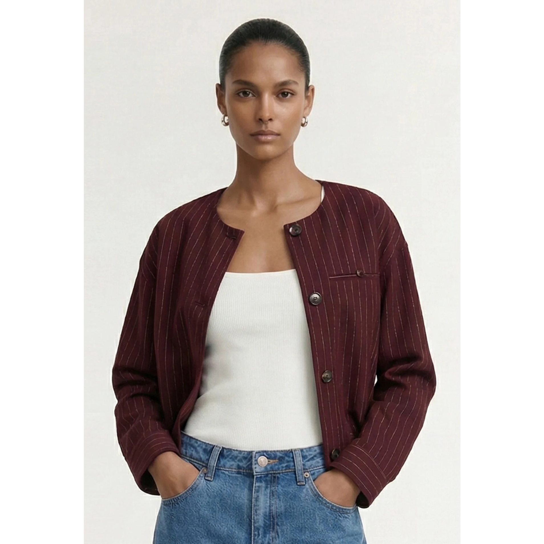 Staple The Label Reed Crop Jacket - Wine Pinstripe