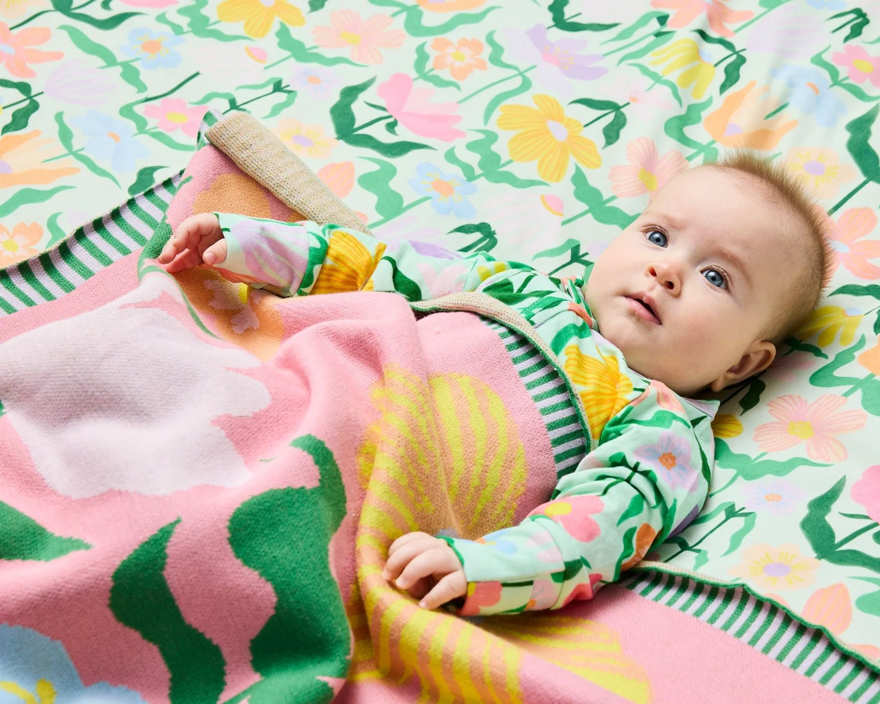 Kip & Co Popping Flowers Green Cotton Knitted Blanket Baby Booties Kip & Co