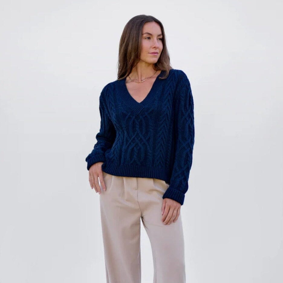 Maxted V-Neck Cable Knit - Navy Maxted