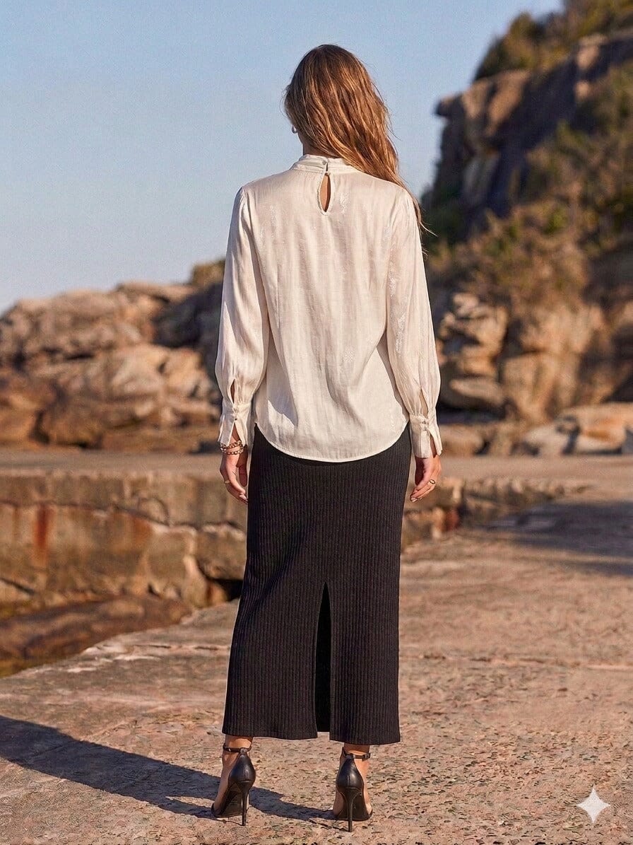 Mondara Satin Tie Neck Top - Off White Eclectic House