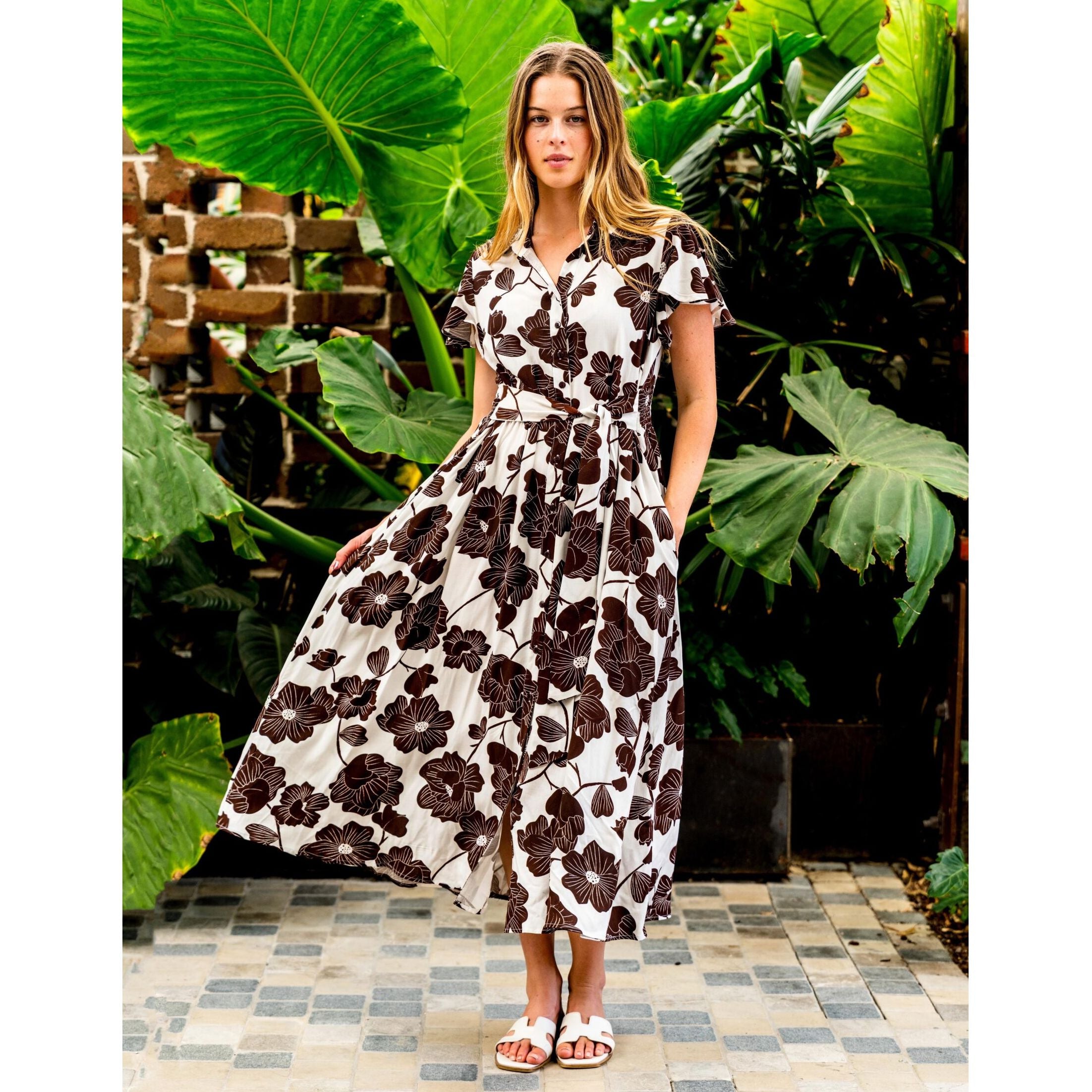 Nerita Midi Dress - Brown Floral Midi Dress Boho Australia