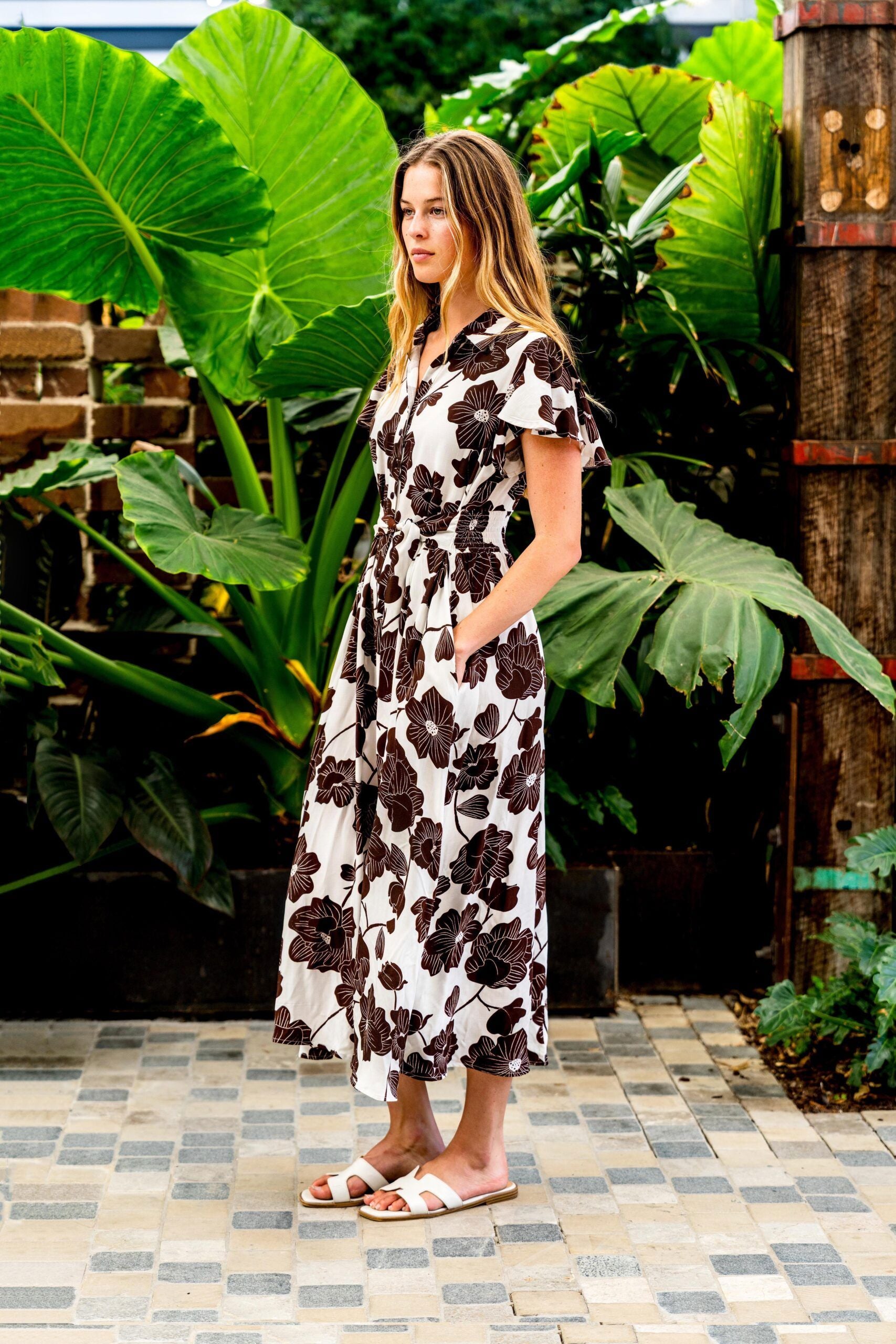 Nerita Midi Dress - Brown Floral Midi Dress Boho Australia