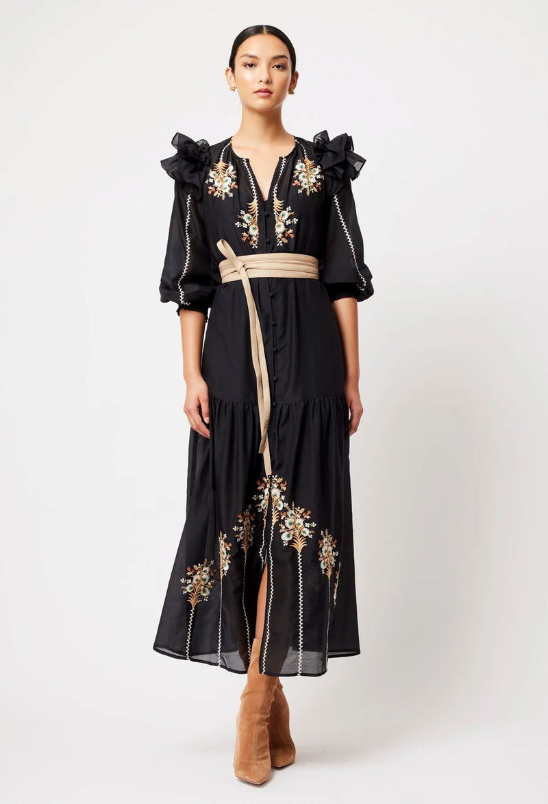 Once Was Aquila Cotton Silk Embroidered Dress - Black Once Was