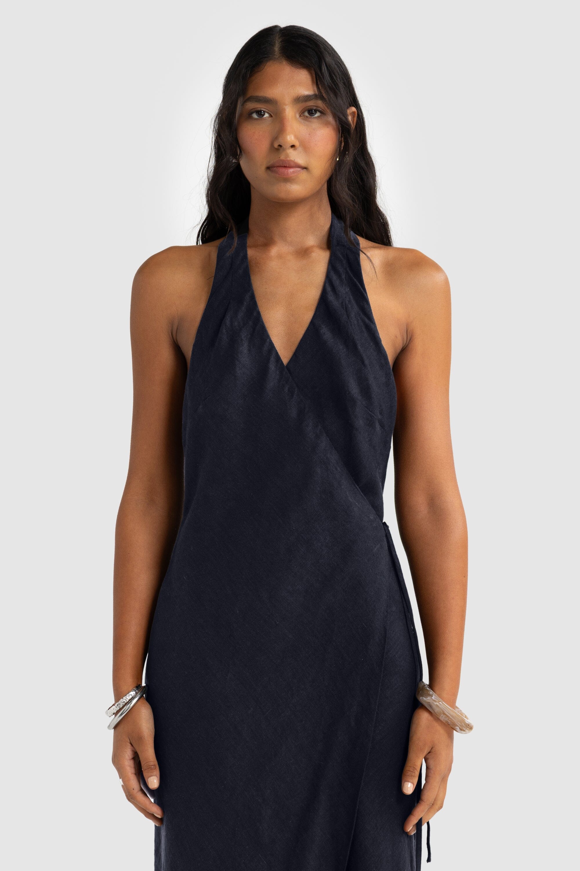 ORTC Elise Linen Wrap Full Length Dress - French Navy Wrap Dress ortc Clothing Co.