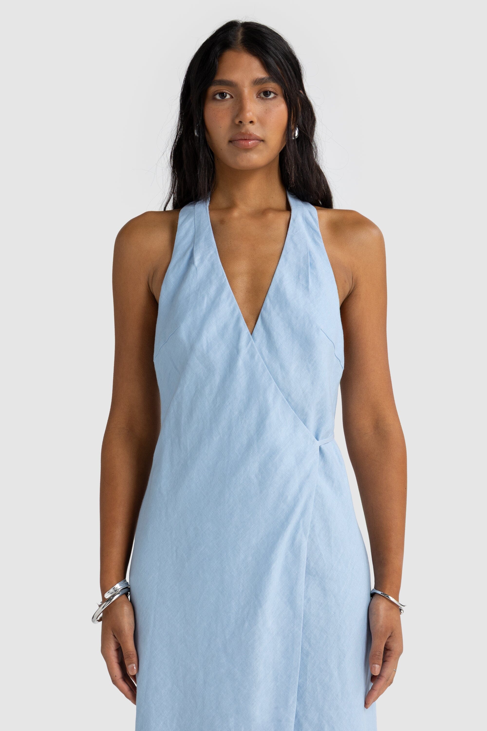 ORTC Elise Linen Wrap Full Length Dress - Powder Blue ortc Clothing Co.