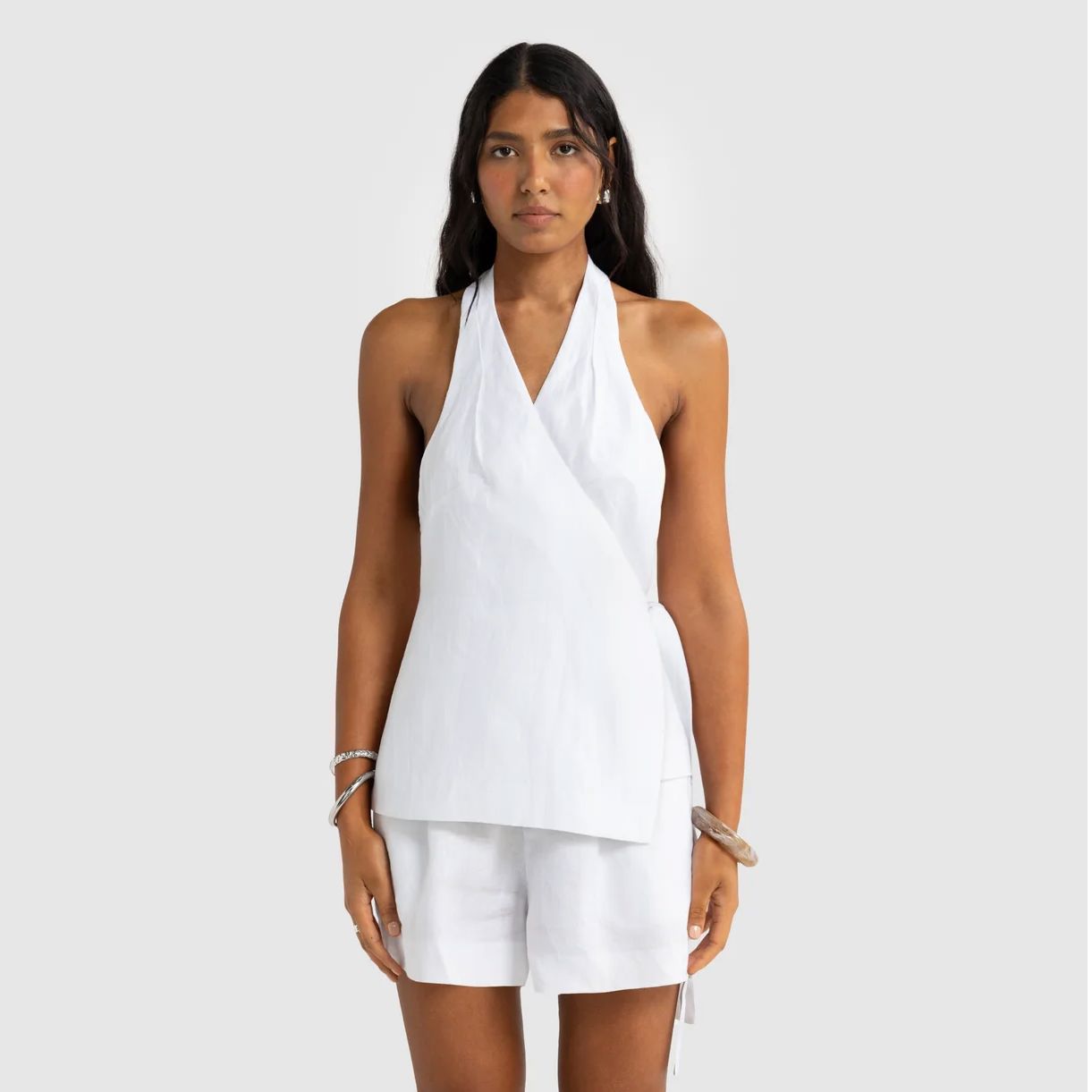 ORTC Elise Linen Wrap Top - White ortc Clothing Co.