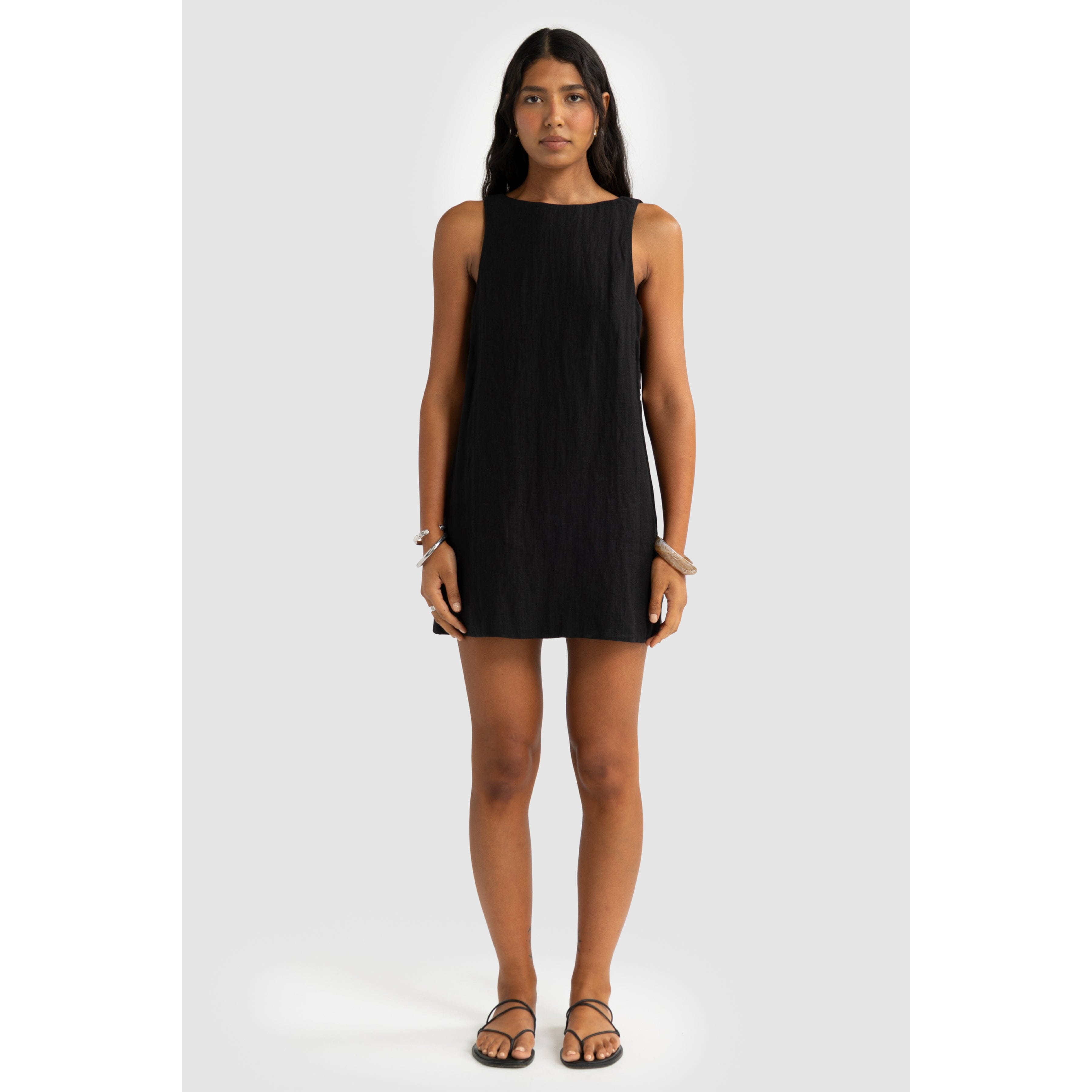 ORTC Jolie Button Side Linen Mini Dress - Black ortc Clothing Co.