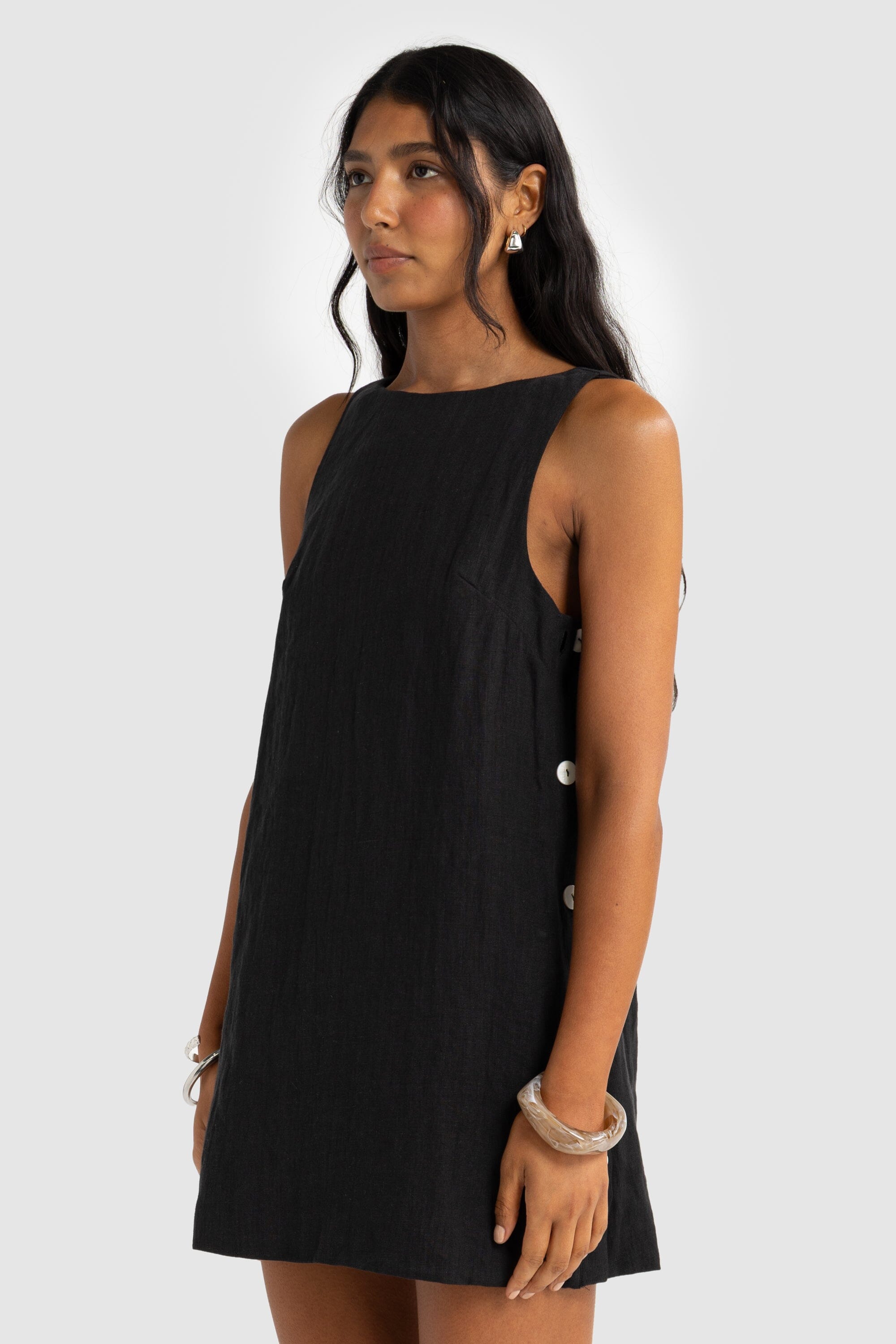 ORTC Jolie Button Side Linen Mini Dress - Black ortc Clothing Co.