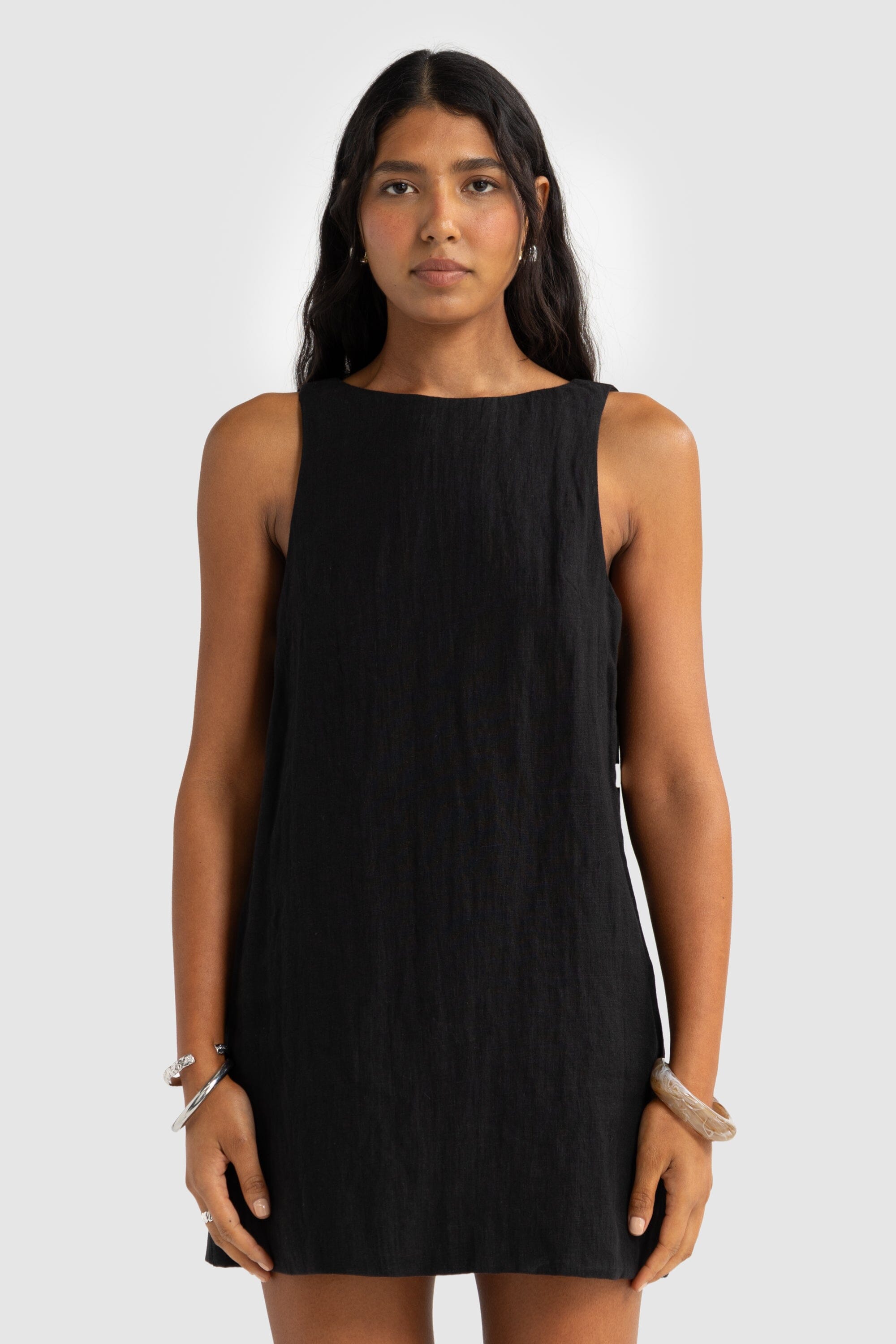 ORTC Jolie Button Side Linen Mini Dress - Black ortc Clothing Co.
