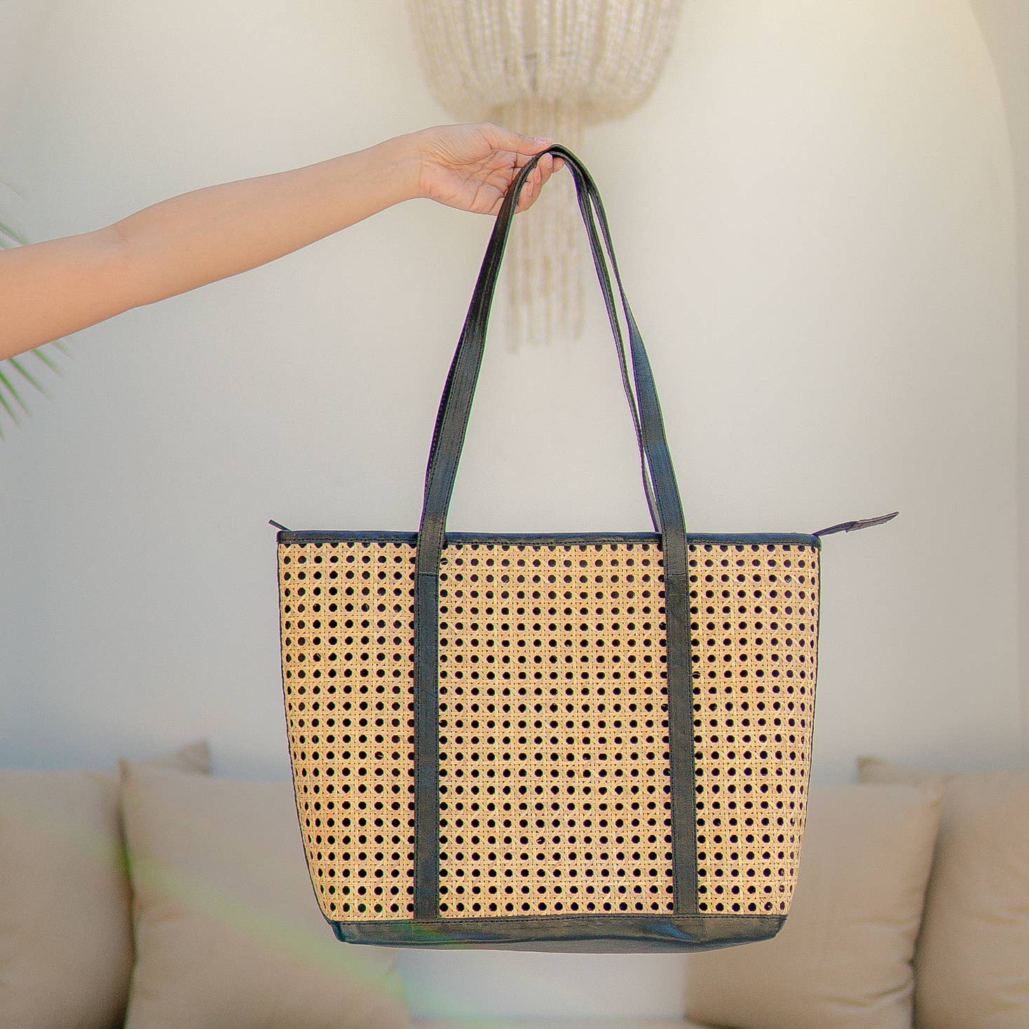 Sol Tote Bag – Handwoven Rattan & Leather Shoulder Bag | Sunset & Luna Black Kayu&Co.