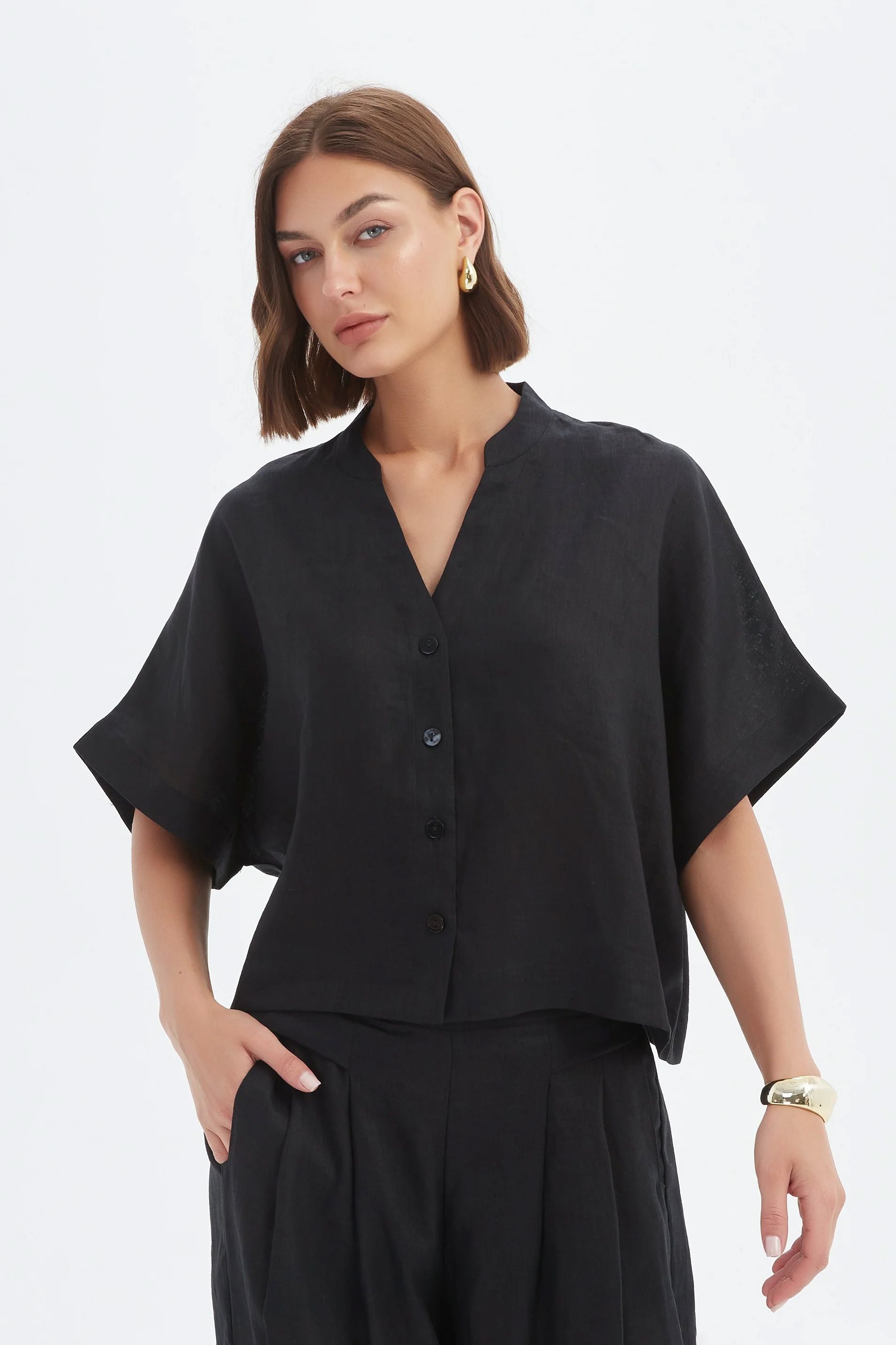 Tirelli Boxy Button Linen Shirt - Black Tirelli