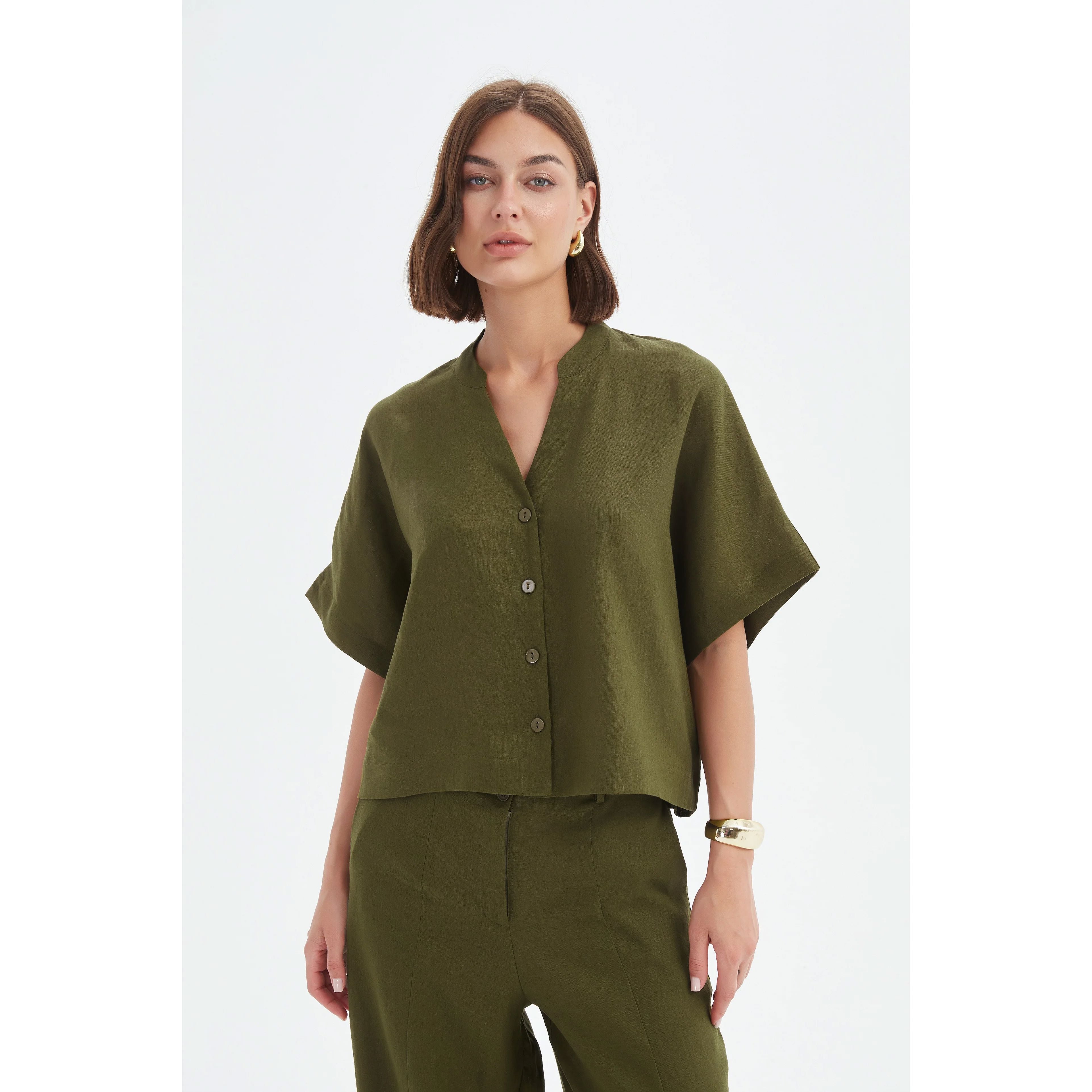 Tirelli Boxy Button Linen Shirt - Dark Moss Tirelli