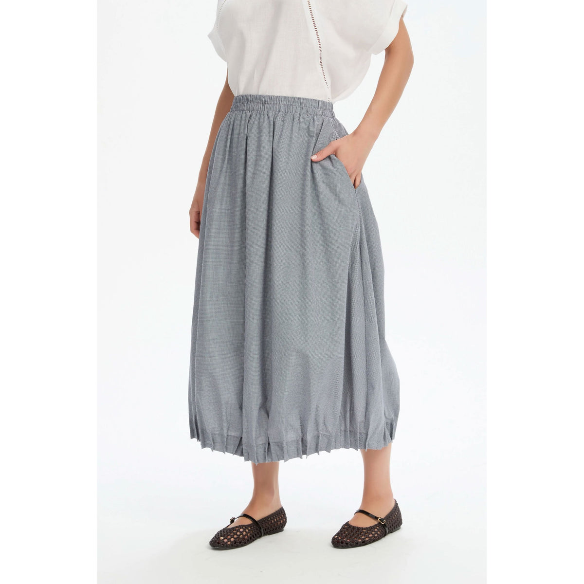 Tirelli Pin Tuck Hem Gingham Skirt - Black/White Midi Skirt Tirelli