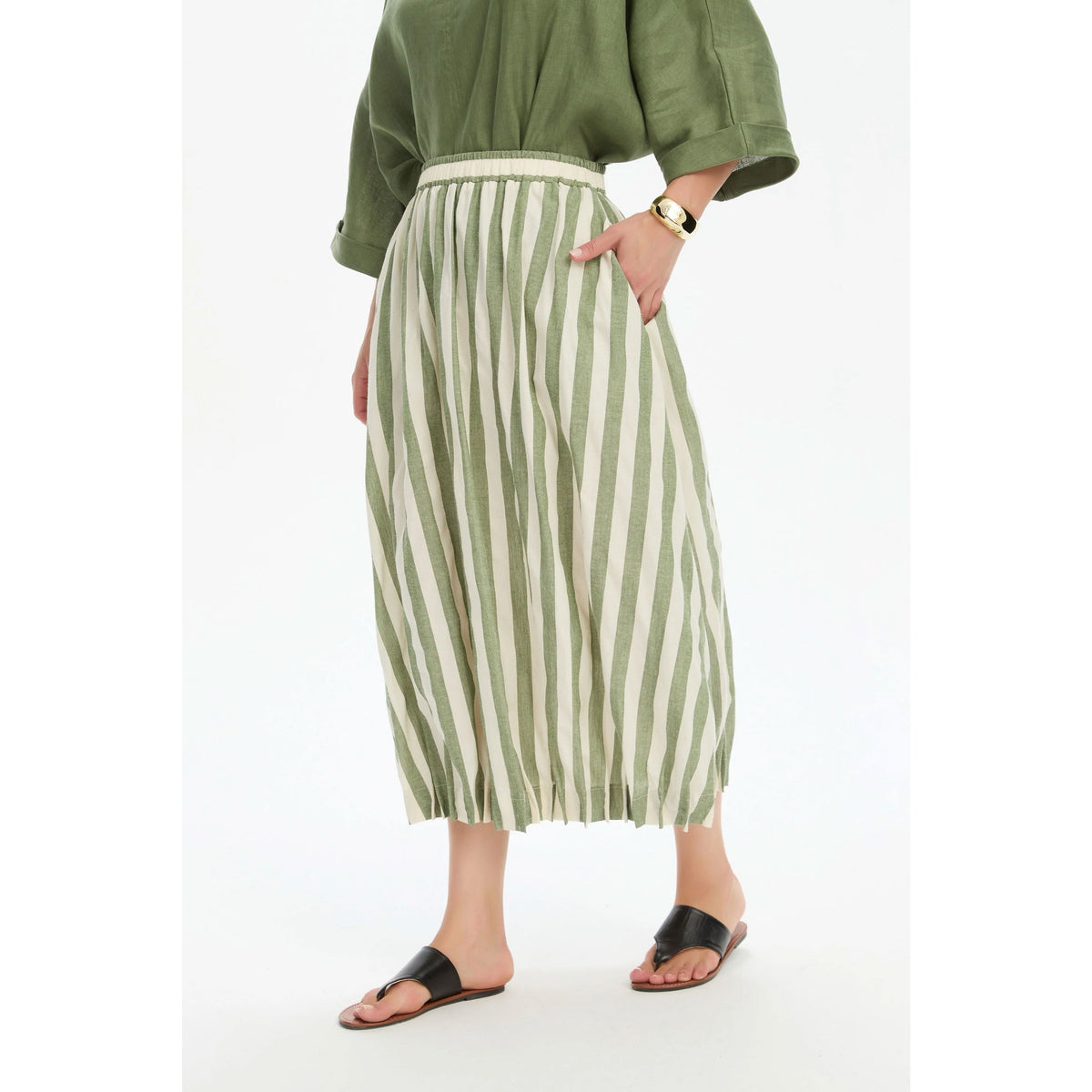 Tirelli Pin Tuck Hem Stripe Skirt - Olive Stripe Midi Skirt Tirelli