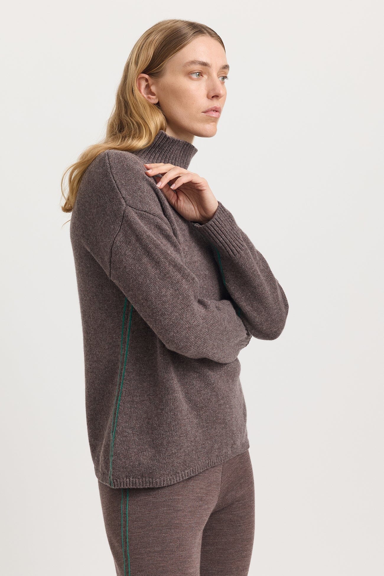 Toorallie Funnel Neck Jumper - Mocha & Green Toorallie