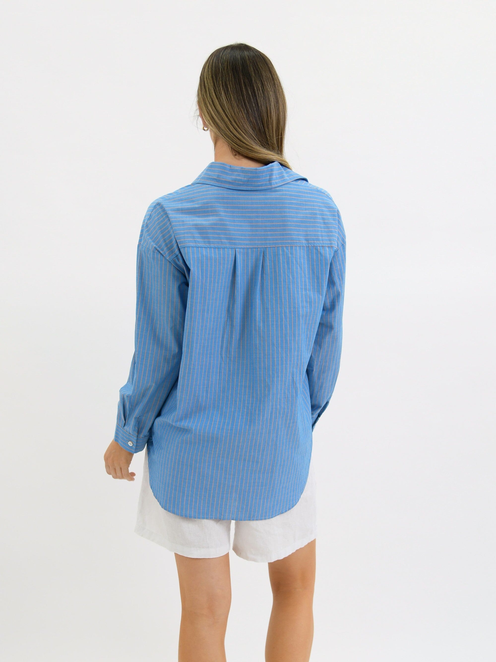 Worthier Stray Cotton Stripe Shirt - Blue/Orange Stripe Worthier