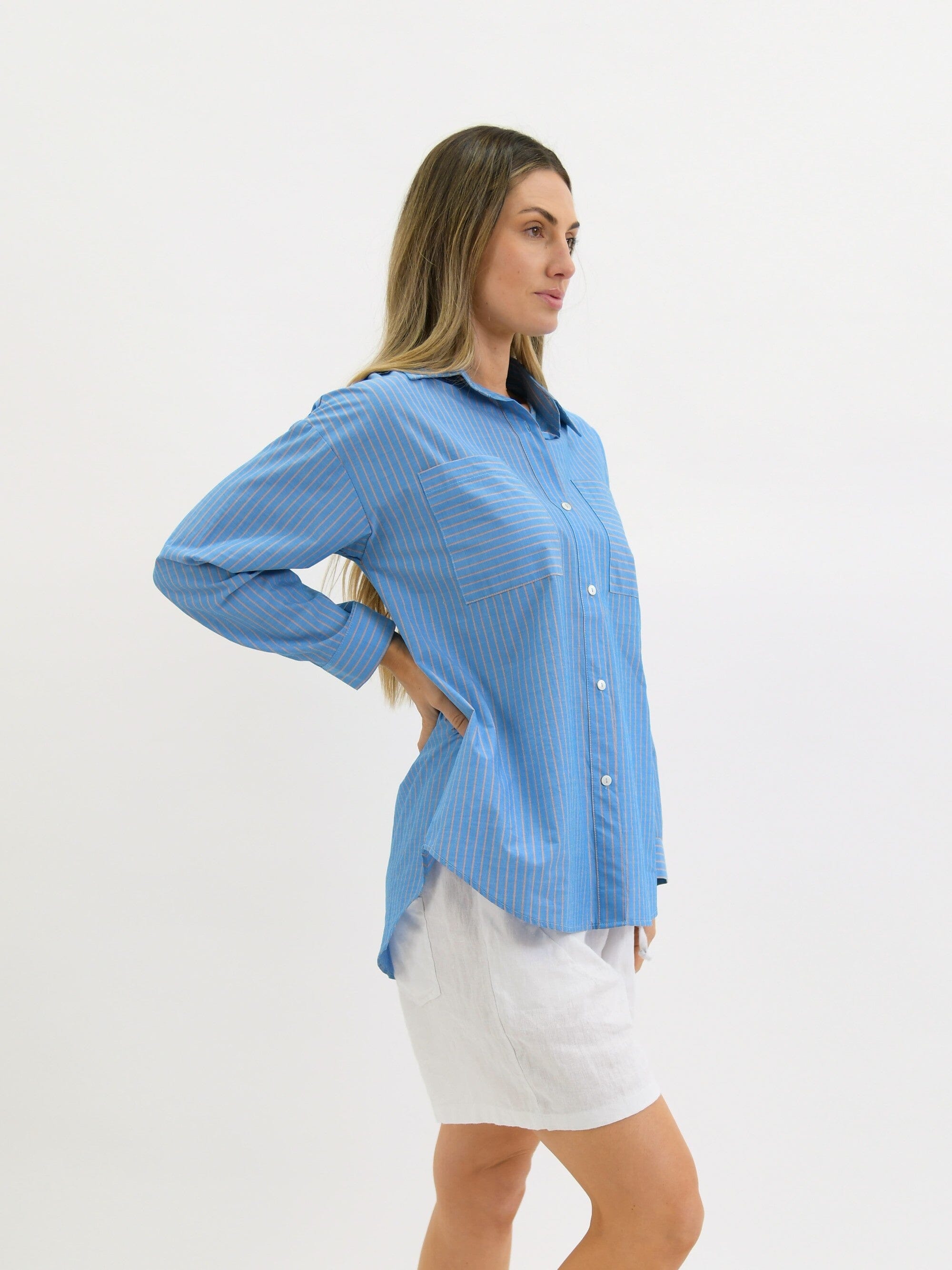 Worthier Stray Cotton Stripe Shirt - Blue/Orange Stripe Worthier