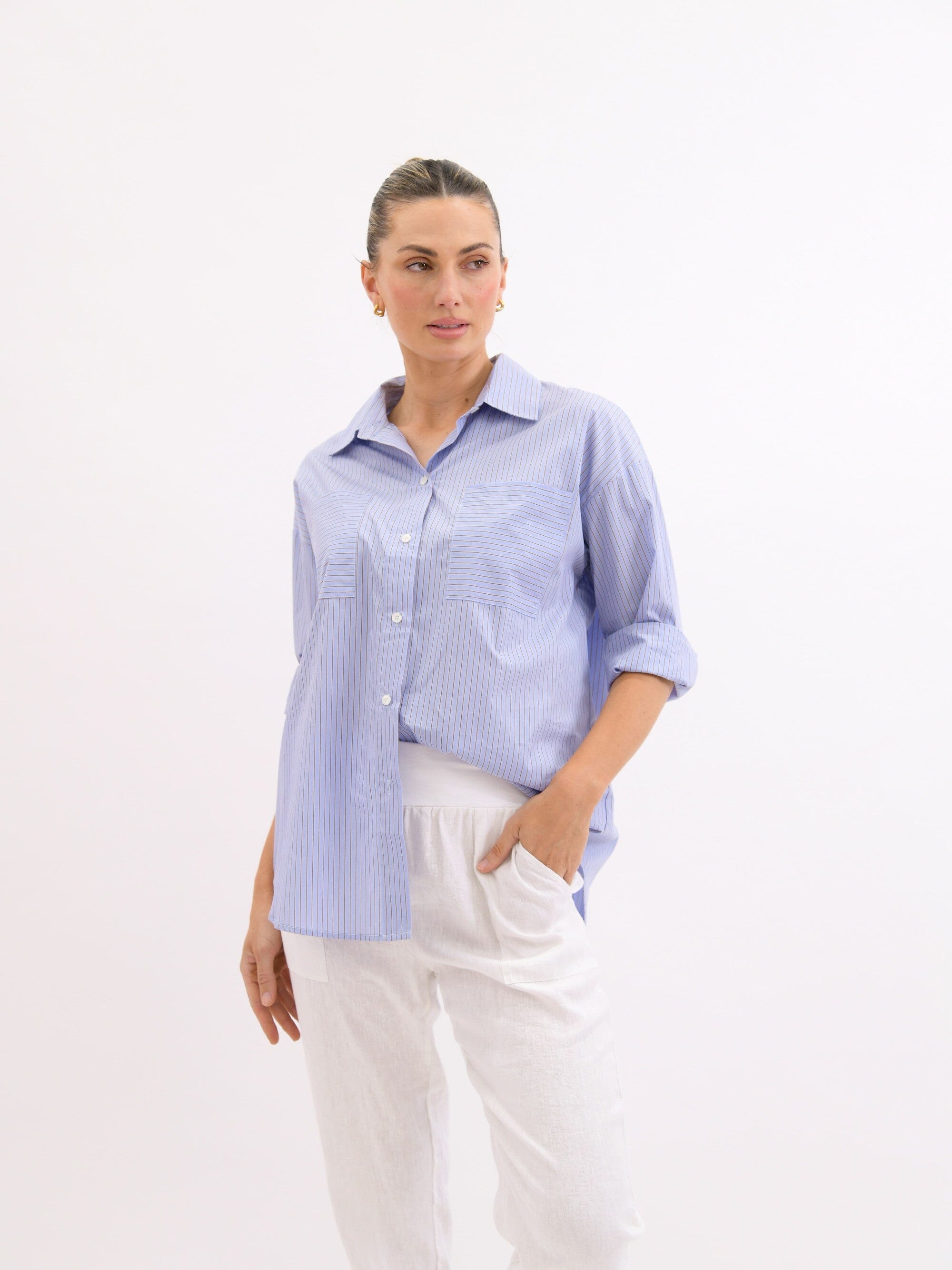 Worthier Terry Stripe Cotton Shirt - Blue Women's Shirt Worthier