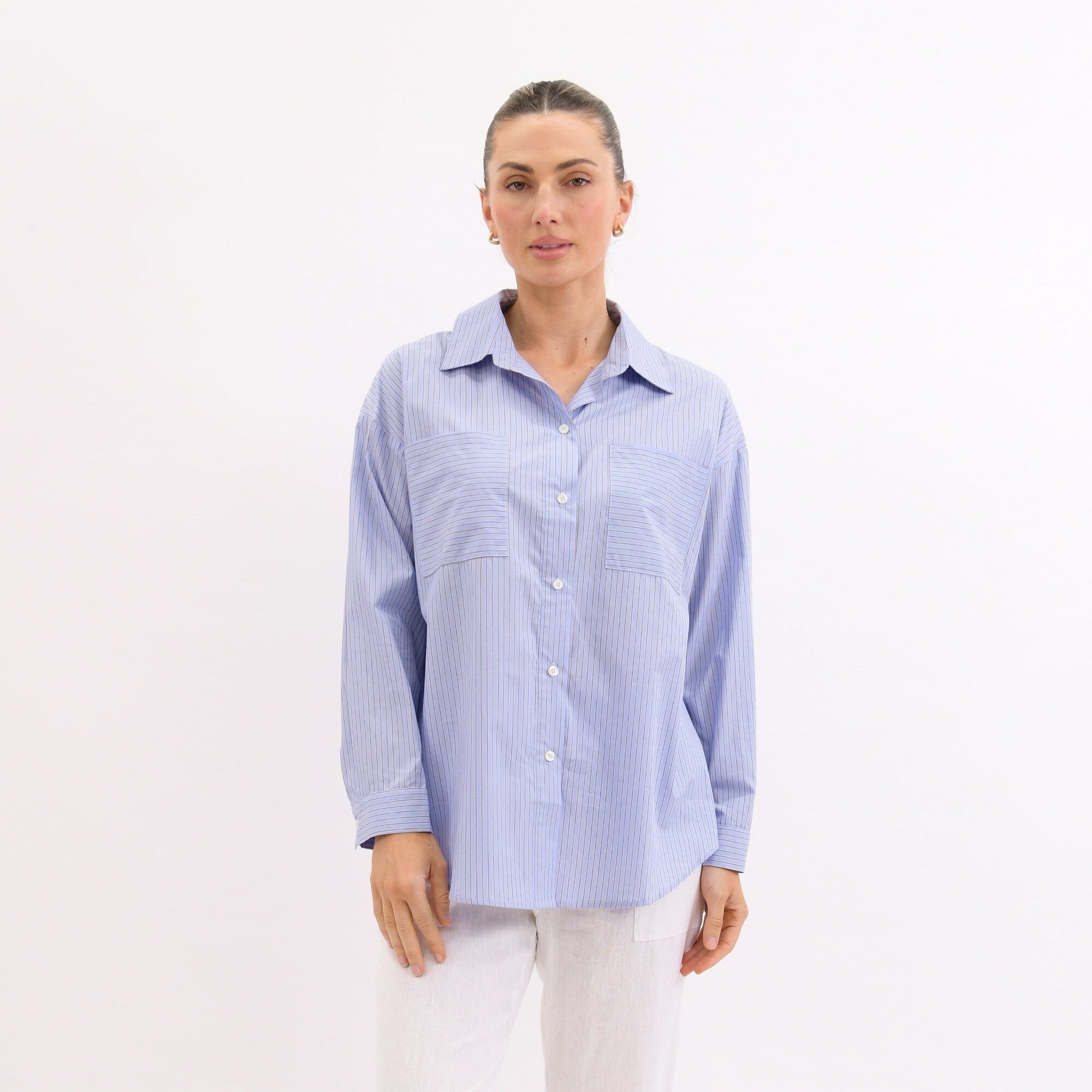 Worthier Terry Stripe Cotton Shirt - Blue Women's Shirt Worthier