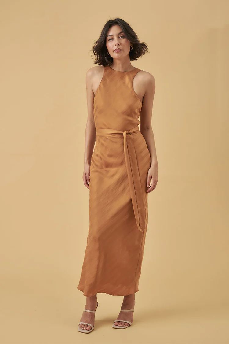 Mon Renn Eternal Bias Cut Midi Dress - Golden Stripe Mon Renn