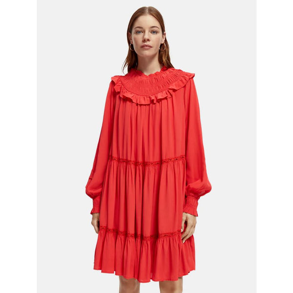 Scotch & Soda Smocked and Tiered Long Sleeved Mini Dress - Electric Red Scotch & Soda