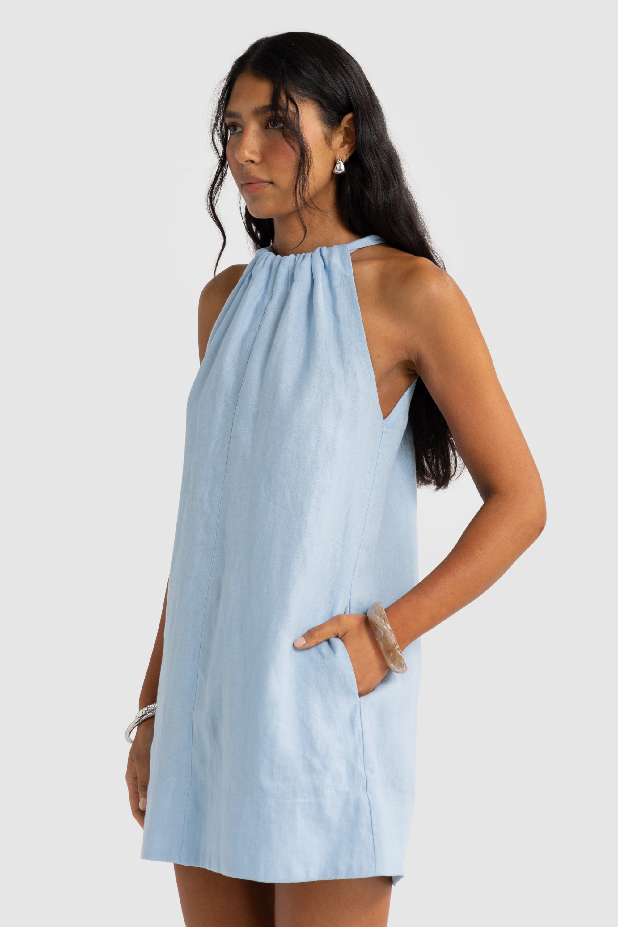 ORTC Luna Linen Mini Dress -Powder Blue