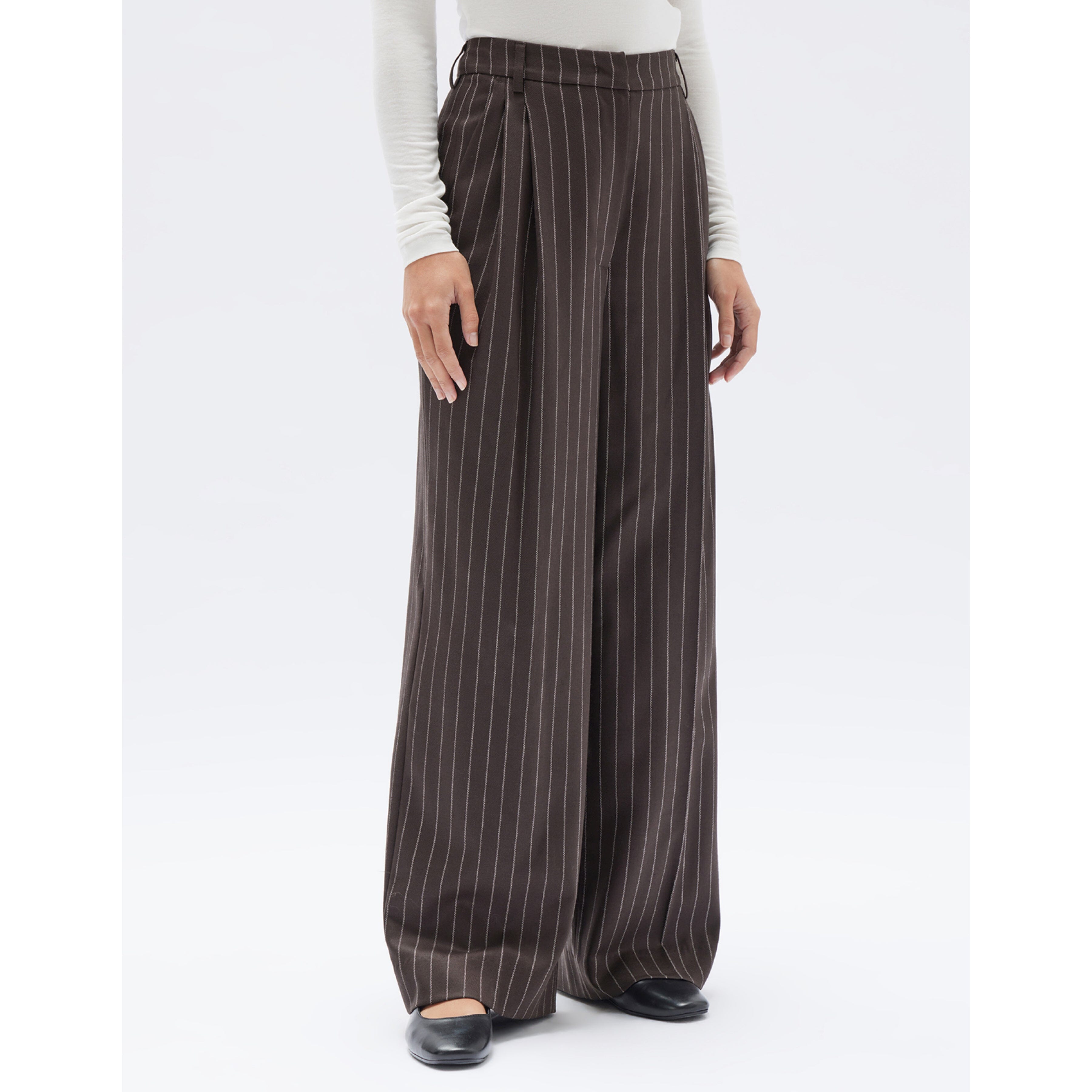 Assembly Label Sofia Wool Pinstripe Pant- Chestnut Stripe Assembly Label