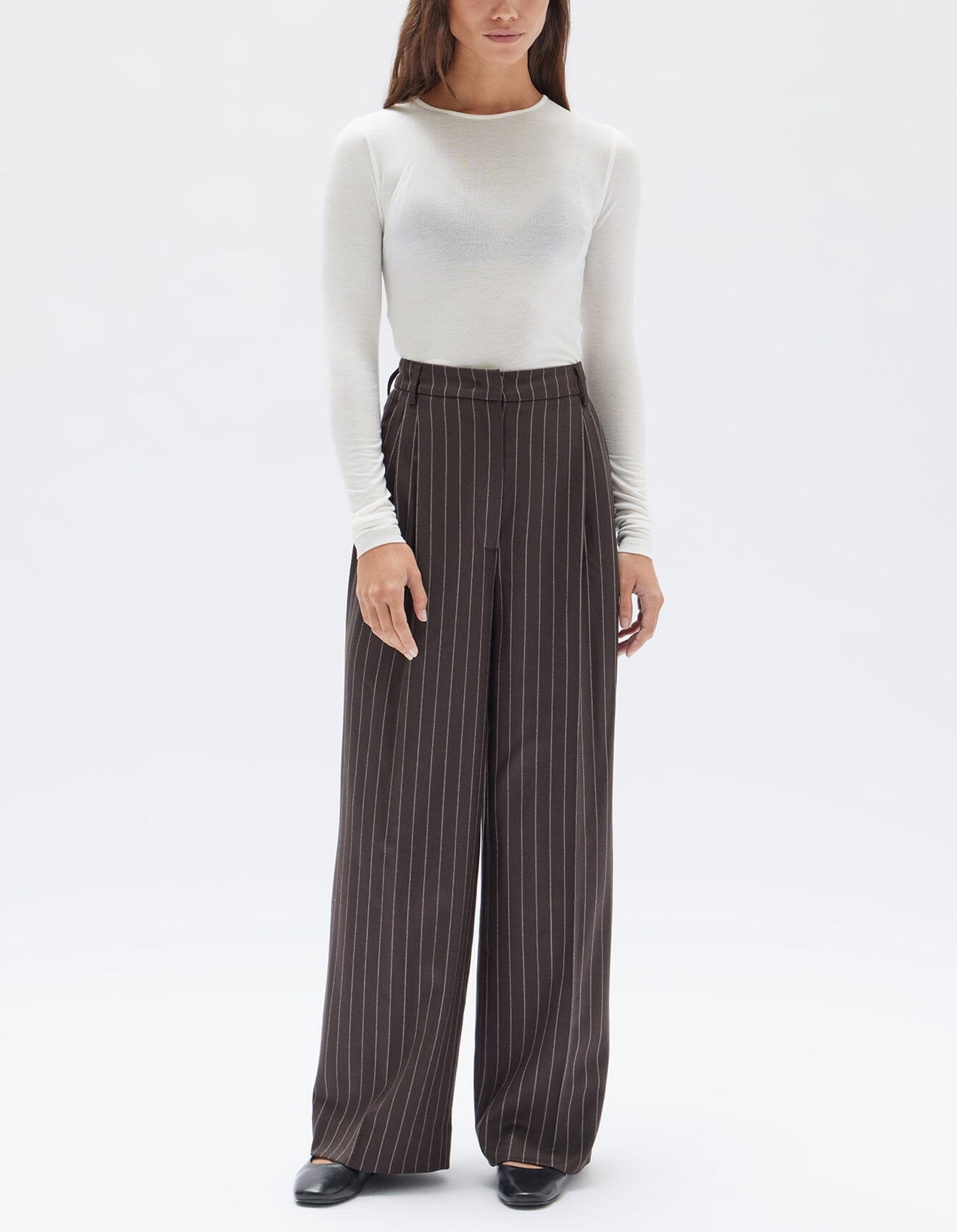 Assembly Label Sofia Wool Pinstripe Pant- Chestnut Stripe Assembly Label