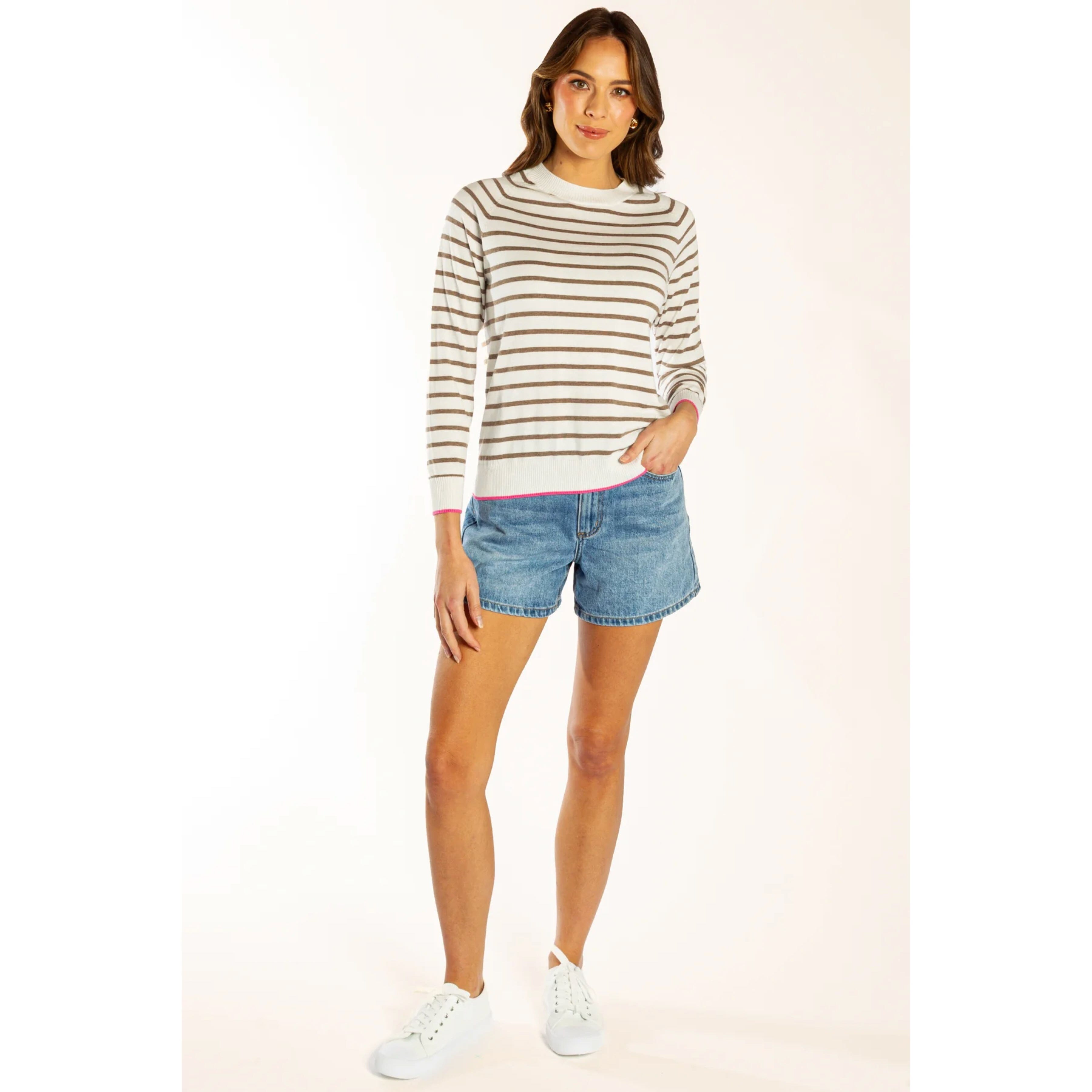 Bow & Arrow Cotton Cashmere Crew Neck - White/Brown Stripe Bow & Arrow
