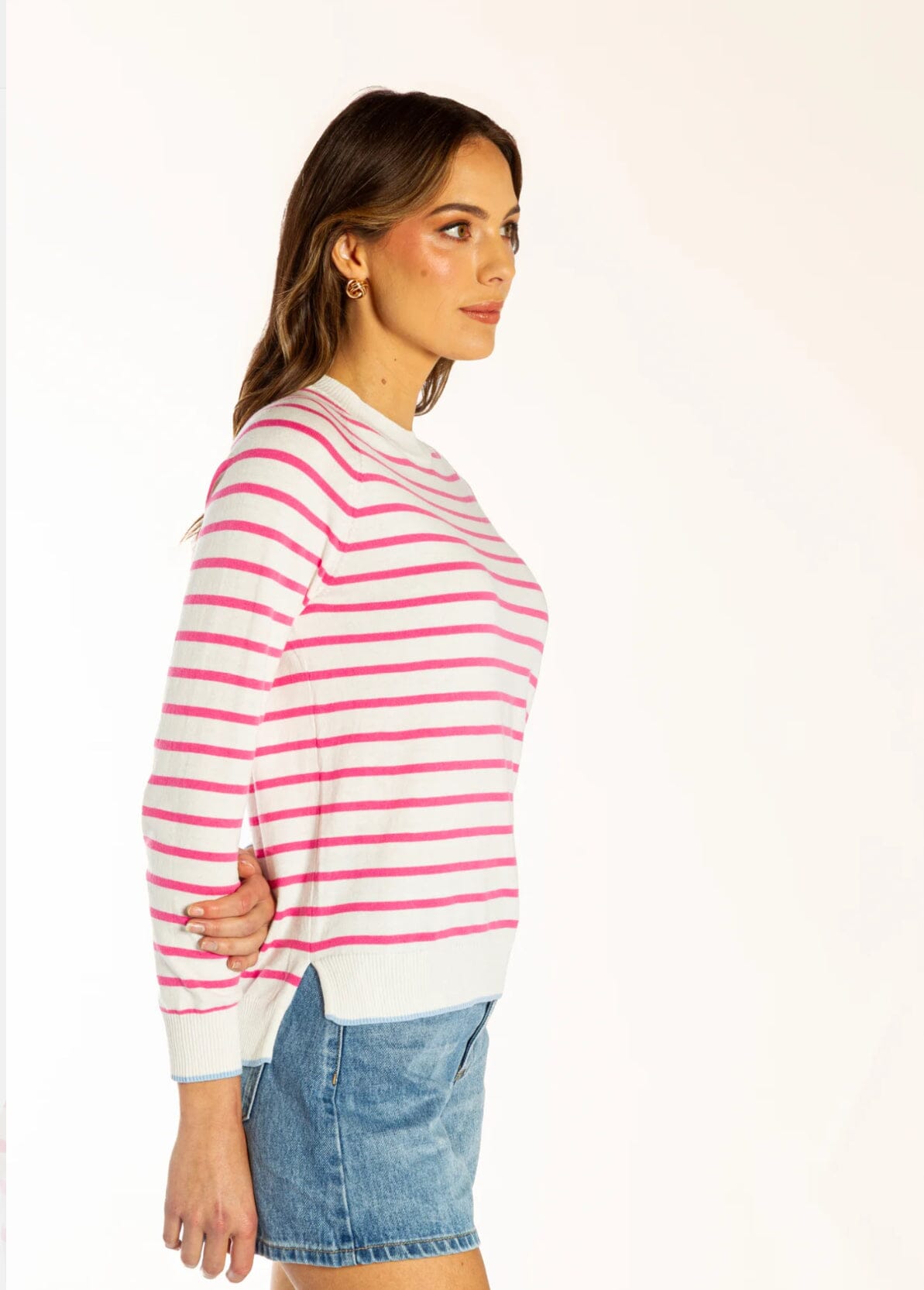 Bow & Arrow Cotton Cashmere Crew Neck - White/Pink Stripe Bow & Arrow