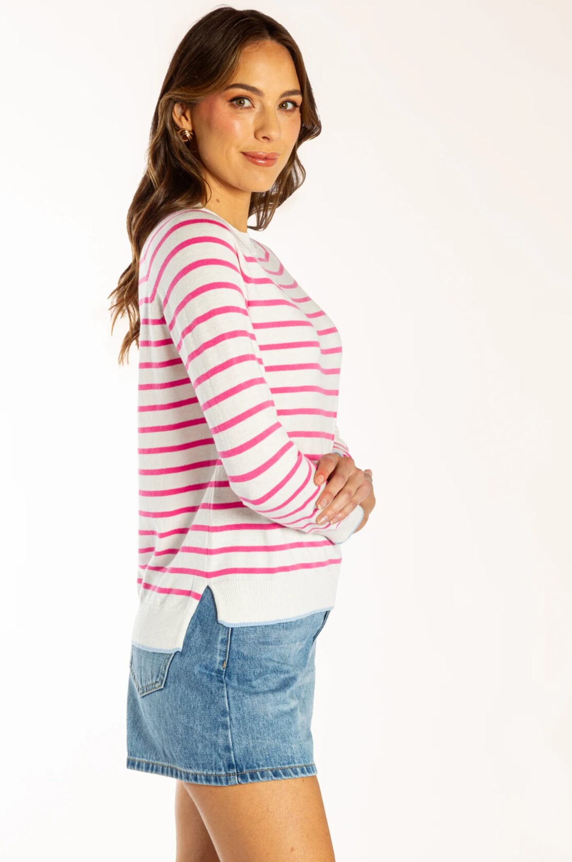 Bow & Arrow Cotton Cashmere Crew Neck - White/Pink Stripe Bow & Arrow