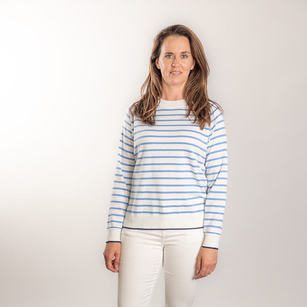 Bow & Arrow Cotton/Cashmere Crew Neck - White/Blue Stripe Bow & Arrow