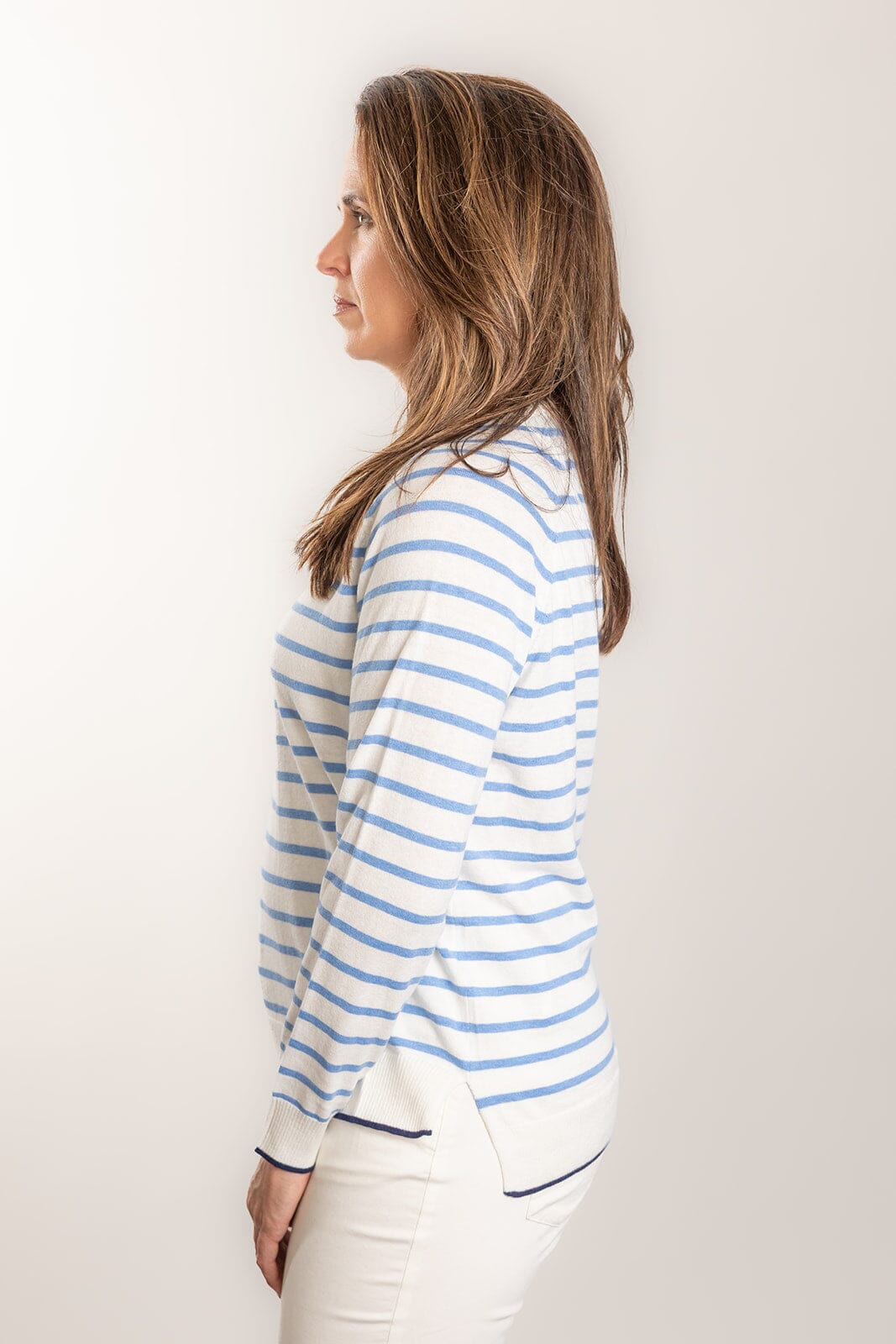 Bow & Arrow Cotton/Cashmere Crew Neck - White/Blue Stripe Bow & Arrow