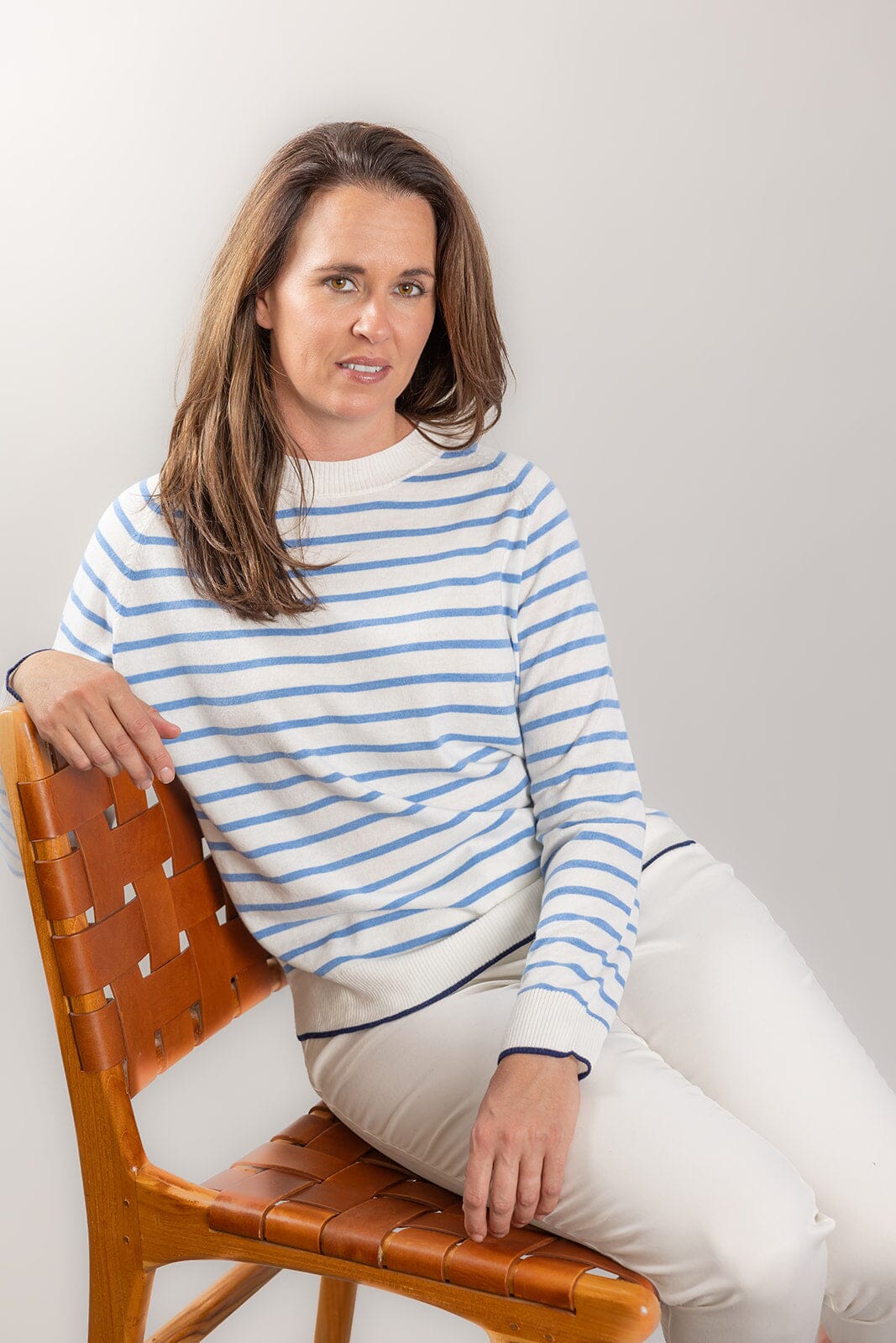 Bow & Arrow Cotton/Cashmere Crew Neck - White/Blue Stripe Bow & Arrow