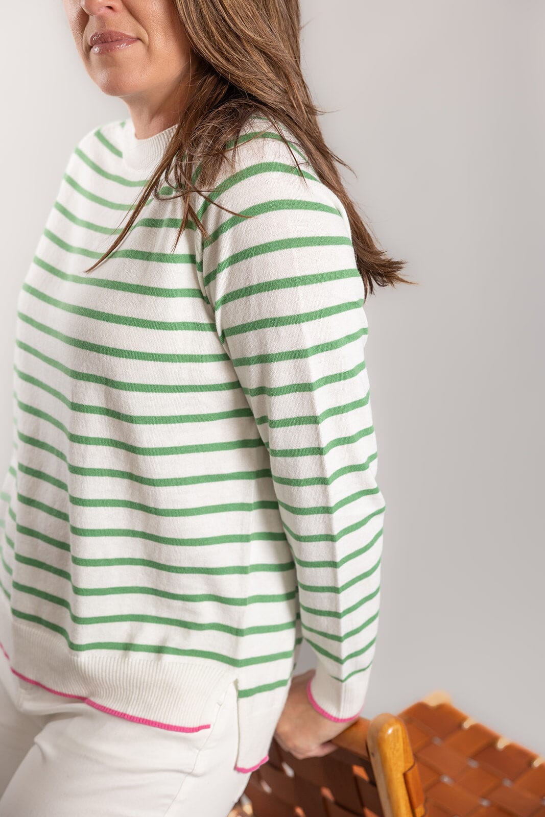 Bow & Arrow Cotton/Cashmere Crew Neck - White/Green Stripe Bow & Arrow