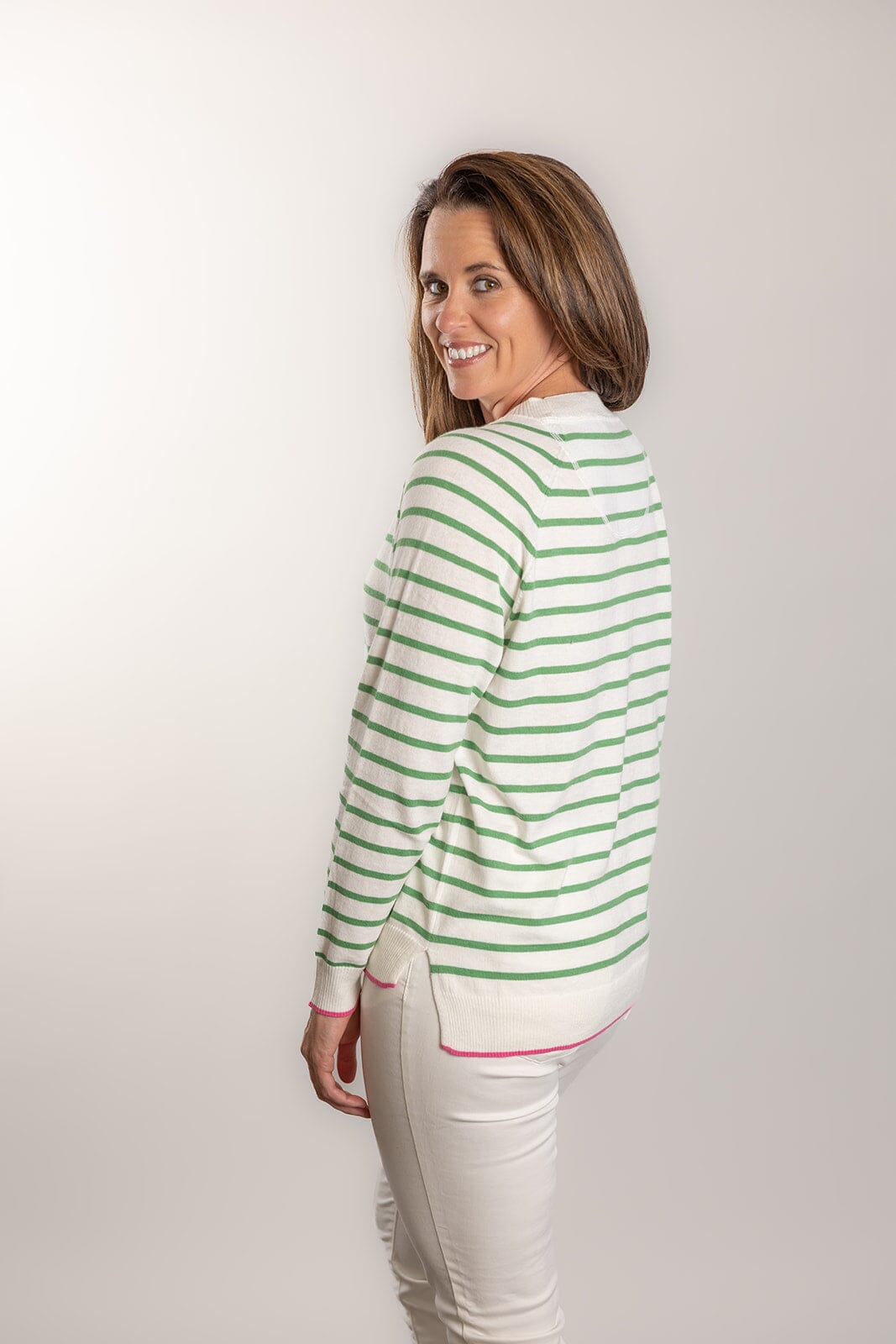 Bow & Arrow Cotton/Cashmere Crew Neck - White/Green Stripe Bow & Arrow