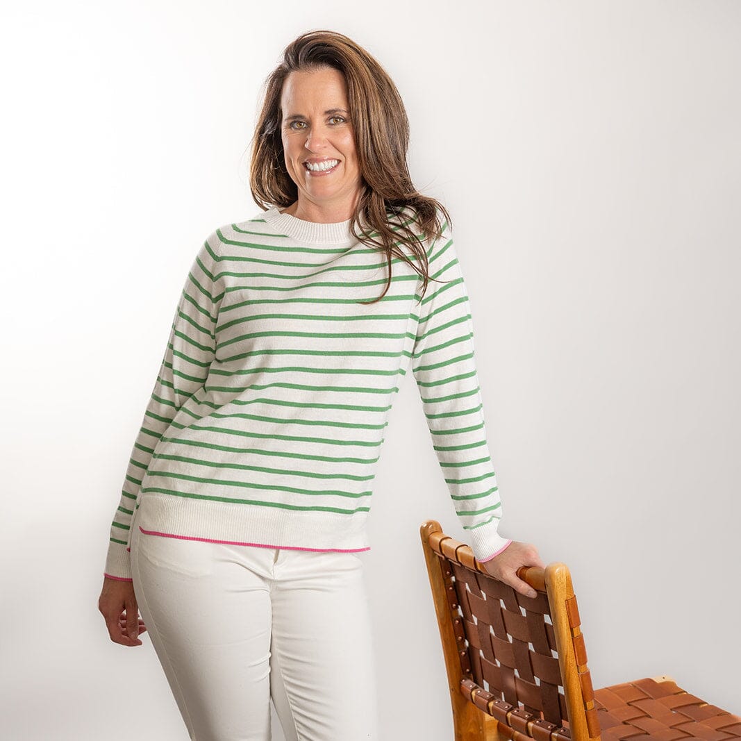 Bow & Arrow Cotton/Cashmere Crew Neck - White/Green Stripe Bow & Arrow