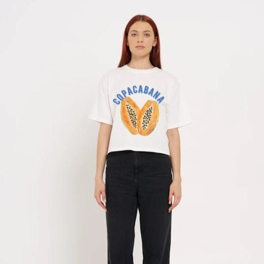 Copacabana Tee - White Oversized T-shirt with Pawpaw Print from Maku Eclectic House