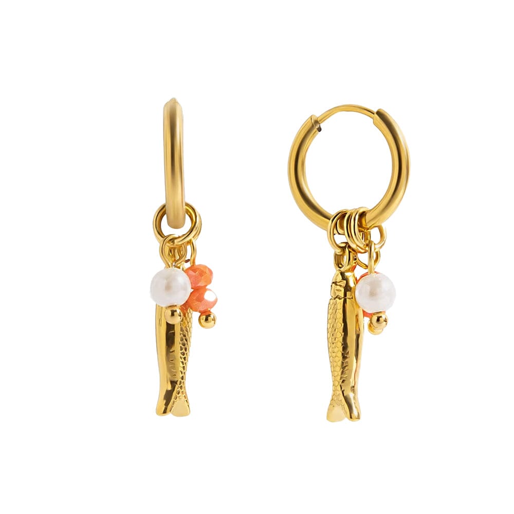 DPI Seren stainless steel gold plated huggie earrings with fish, pearl and coral bead charms Earrings DPI Jewellery 