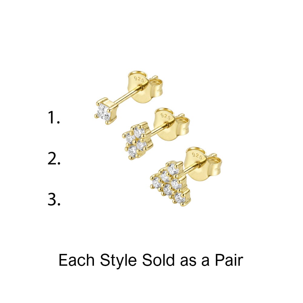 DPI Sterling silver gold plated CZ stud earring set: 1 pair of each – CZ, Star CZ & Pyramid CZ Earrings DPI Jewellery 